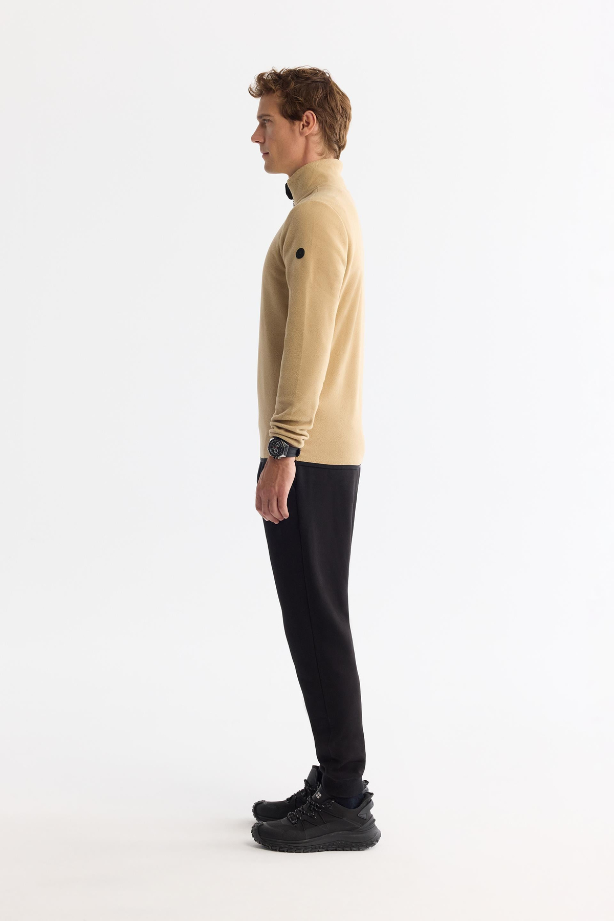 Bej Soğuğa Dayanıklı Yarım Fermuarlı Dik Yaka Polar Sweatshirt