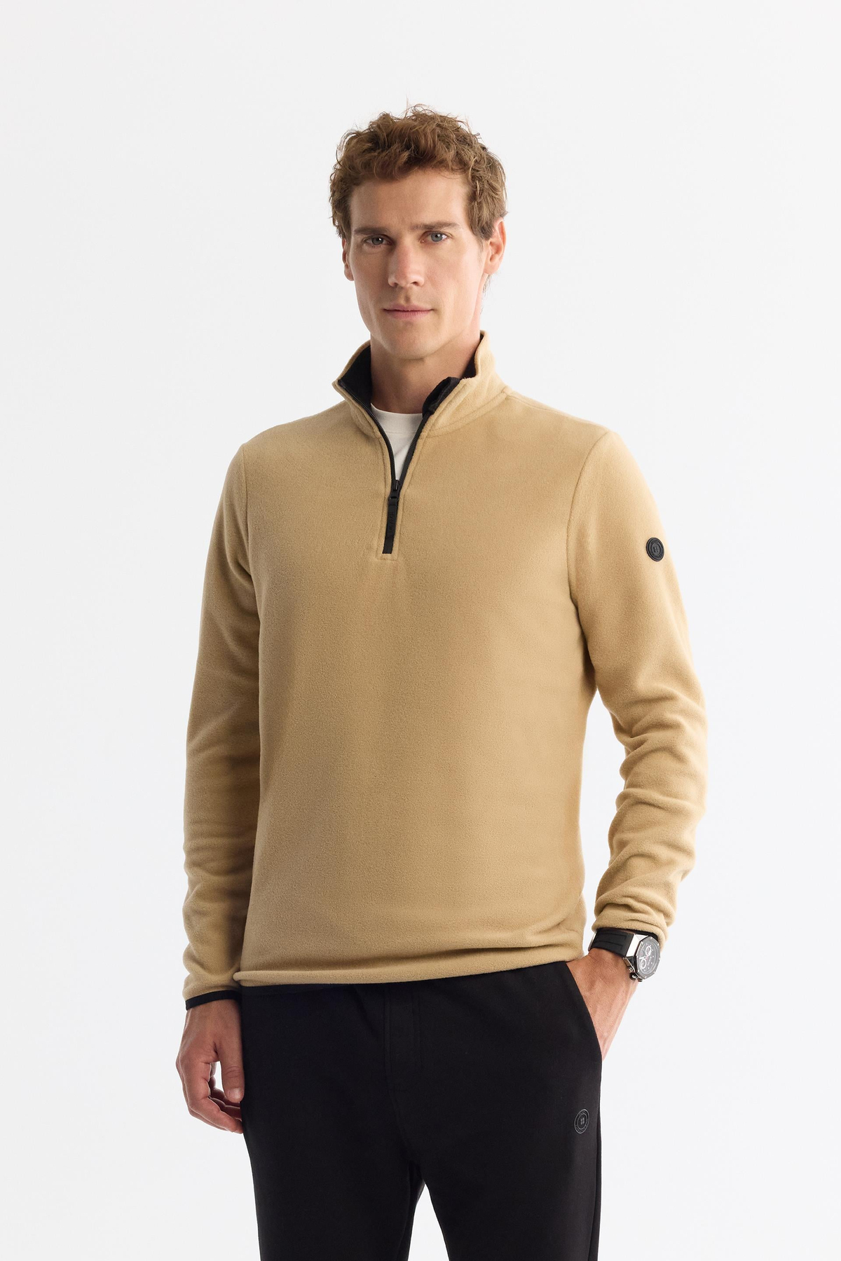 Bej Soğuğa Dayanıklı Yarım Fermuarlı Dik Yaka Polar Sweatshirt