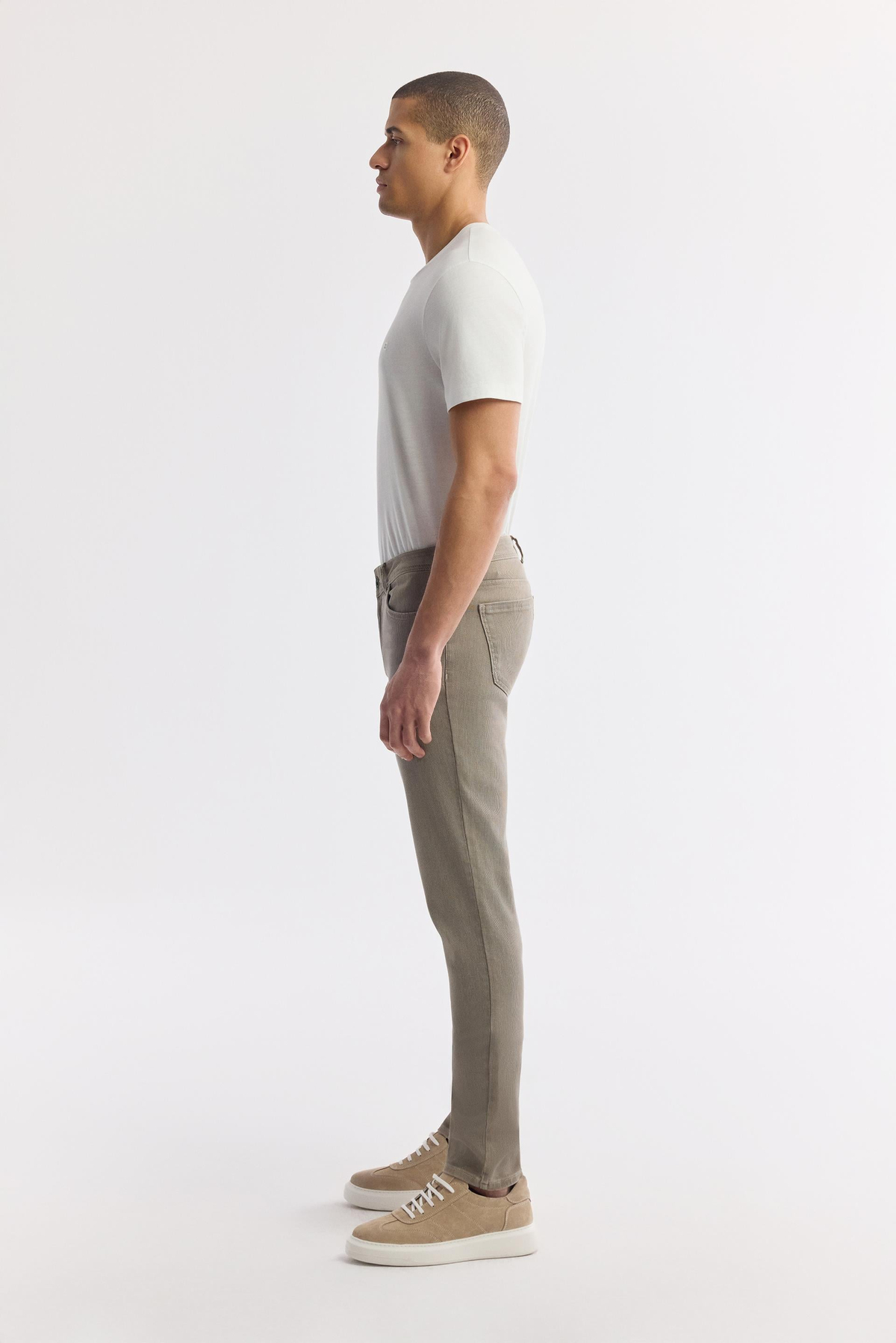 Bej Taş Yıkamalı Örme Slim Fit Denim Pantolon