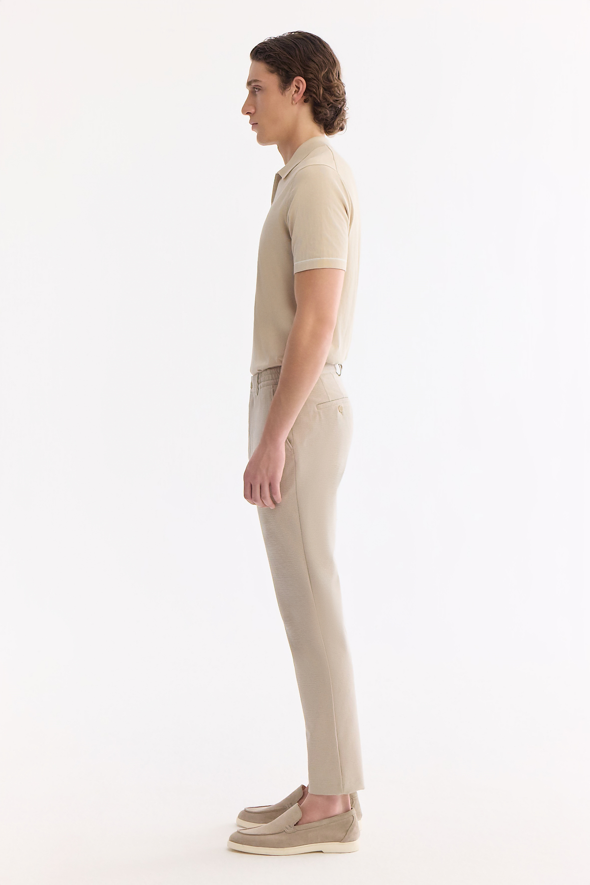 Bej Yan Cepli Gofre Çizgi Detaylı Beli Lastikli Slim Fit Lastikli Pantolon