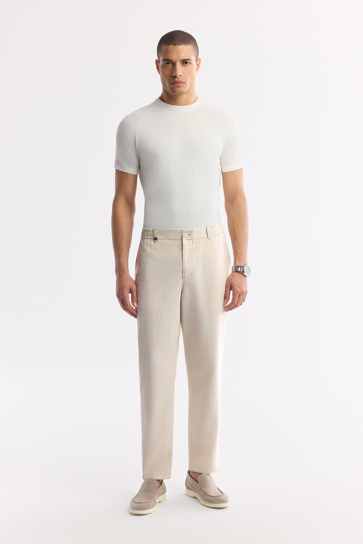 Beige Soft Touch Elastic Waist Pants with Side Pockets