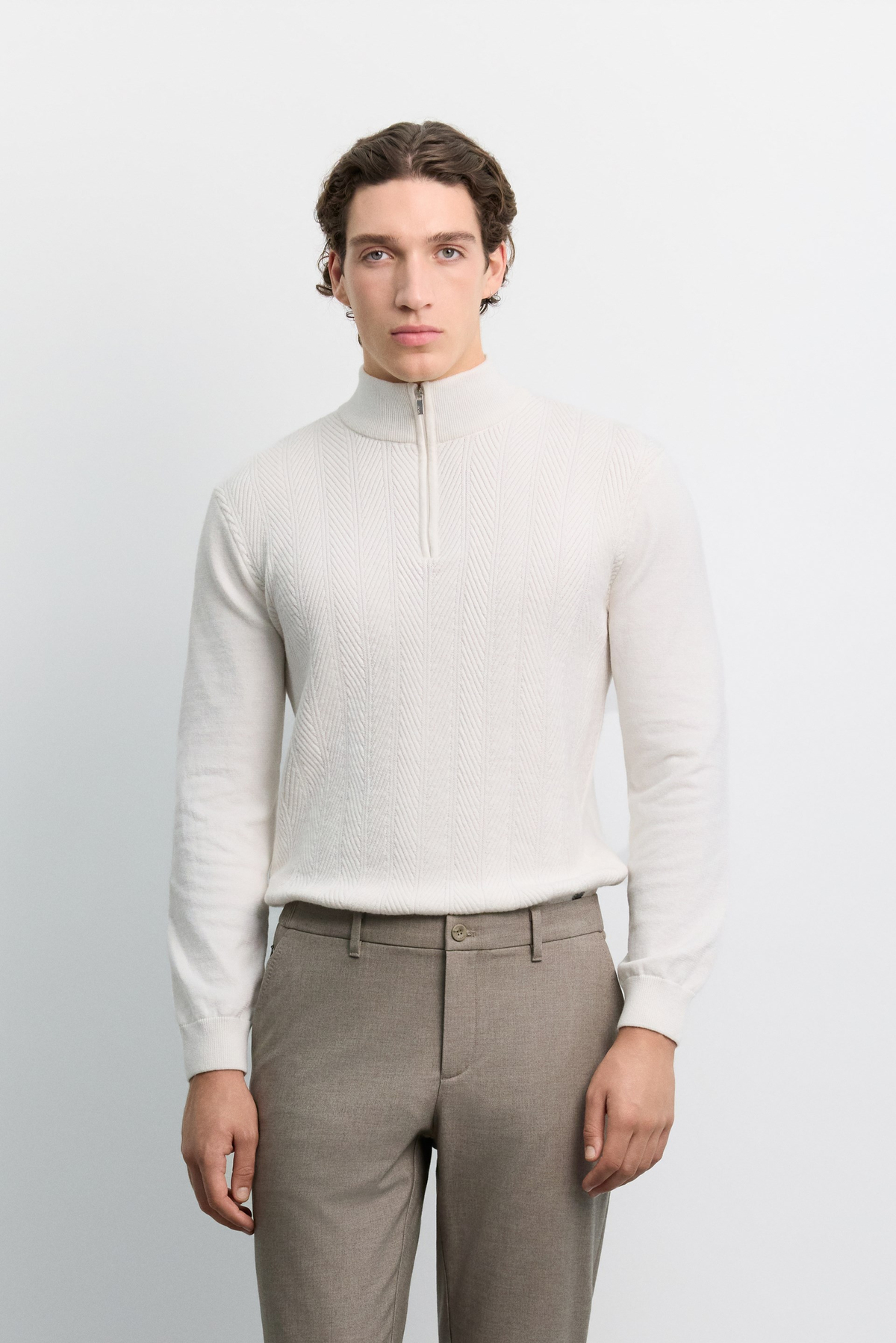 Bej Yanı Lastikli Fermuar Detaylı Yumuşak Tuşeli Yün Karışımlı Slim Fit Pantolon