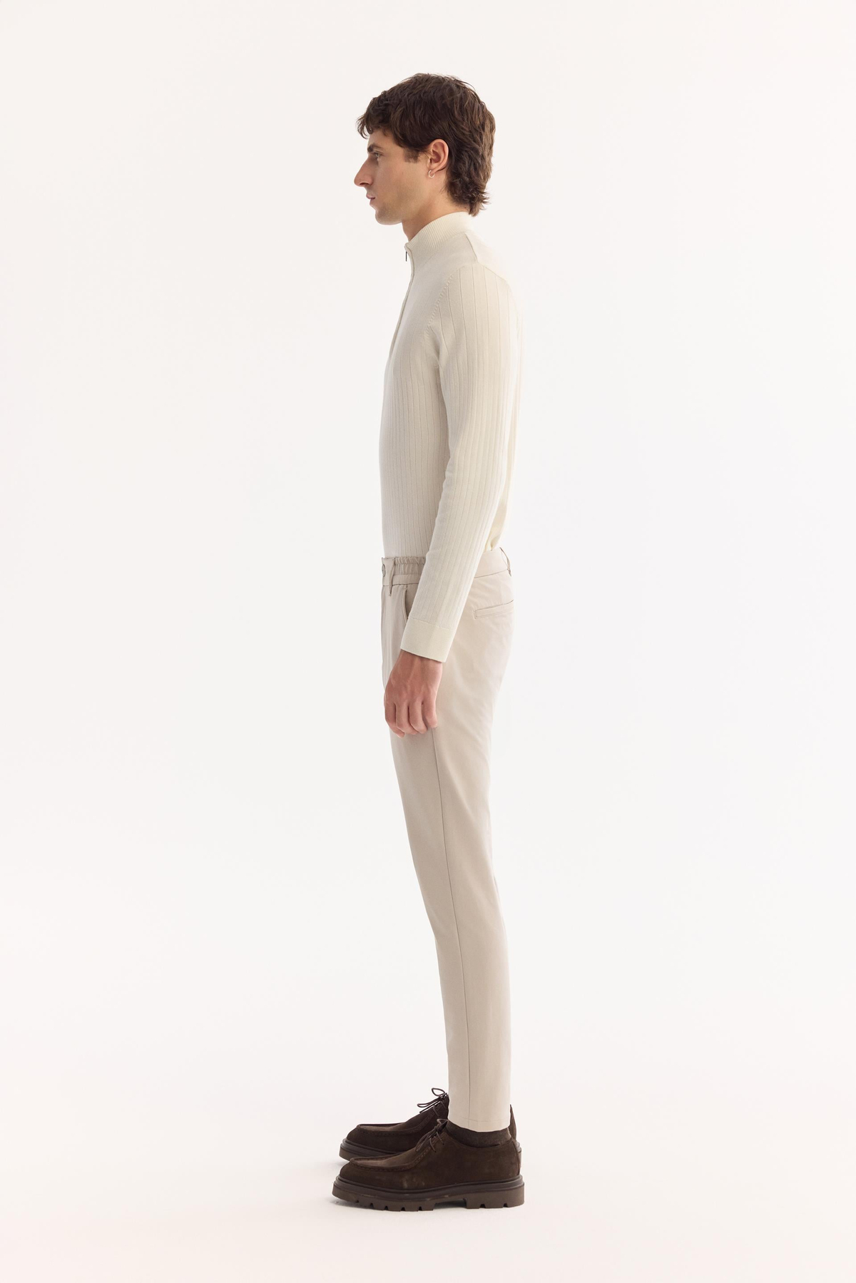 Bej Yanı Lastikli Teknik Slim Fit Pantolon