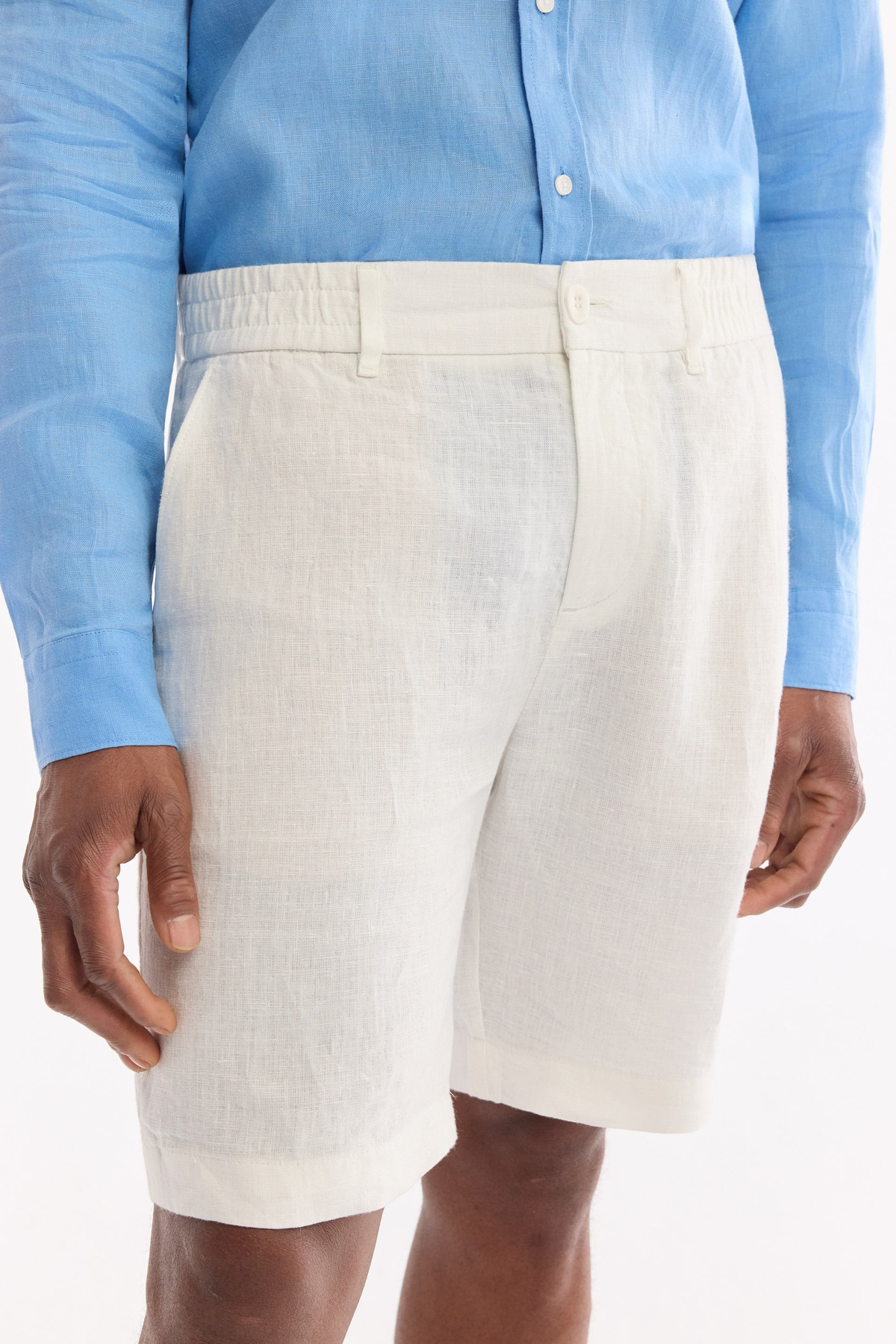 White Elastic Waist 100% Linen Shorts