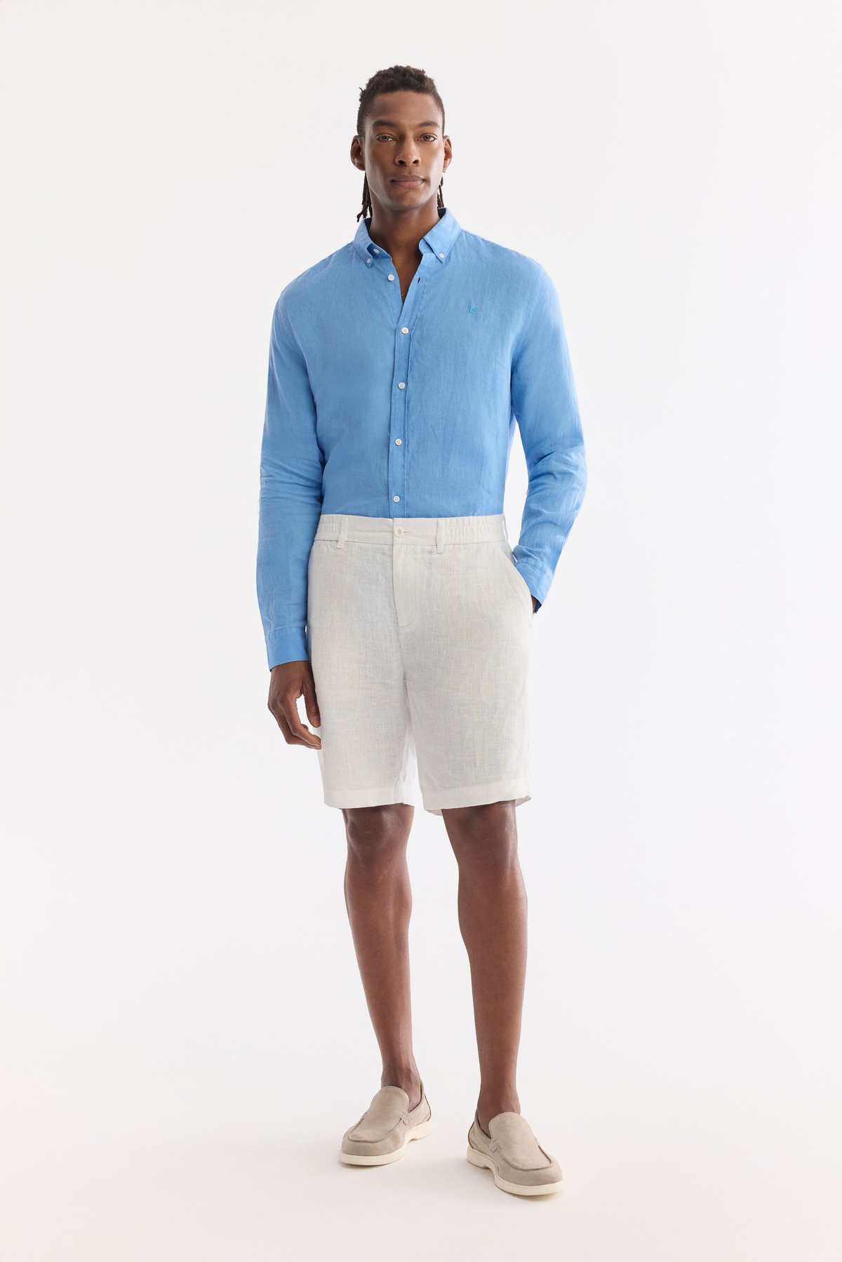 White Elastic Waist 100% Linen Shorts