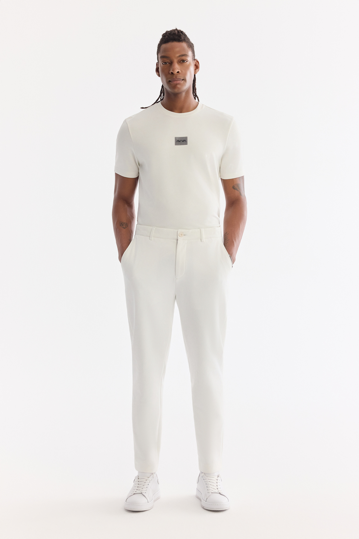Beyaz Klasik Bel Örme Diyagonal Relaxed Fit Pantolon