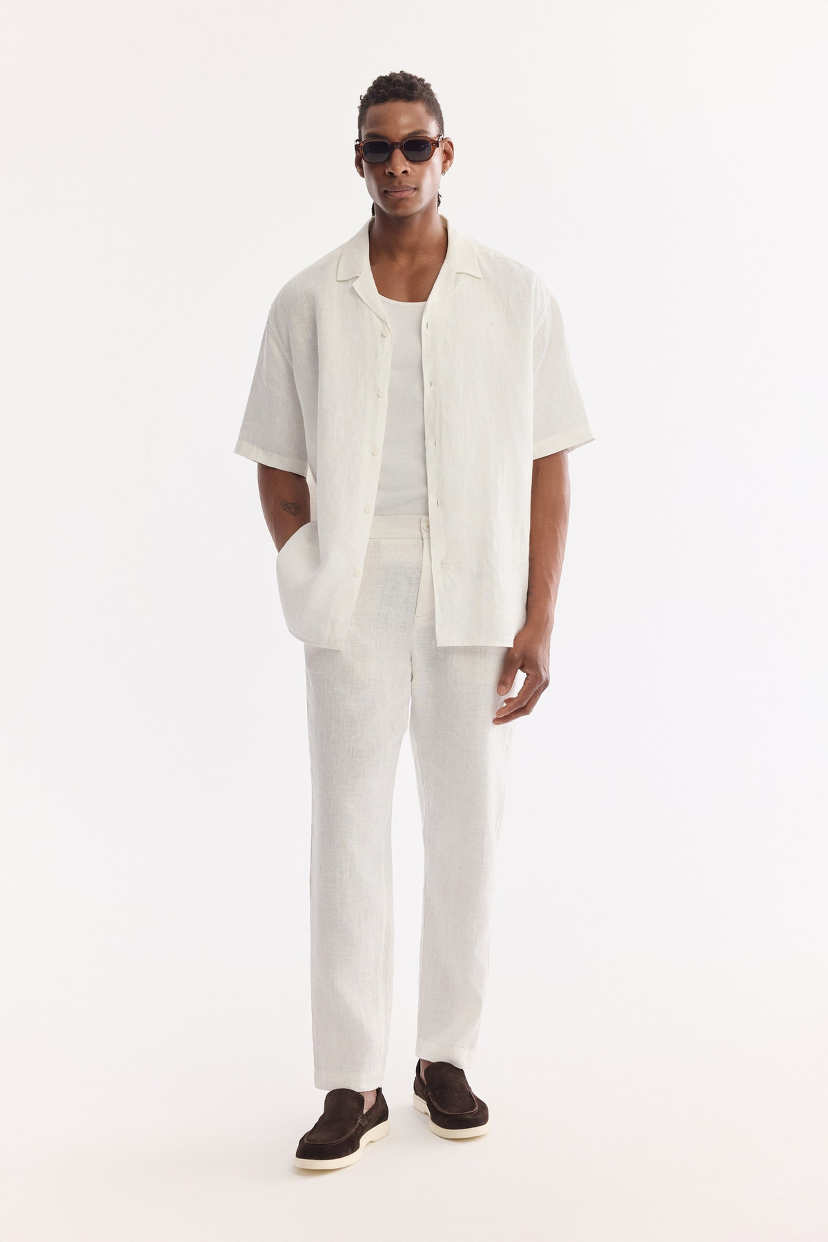 Beyaz Küba Yaka %100 Keten Rahat Kesim Oversize Fit Kısa Kol Gömlek