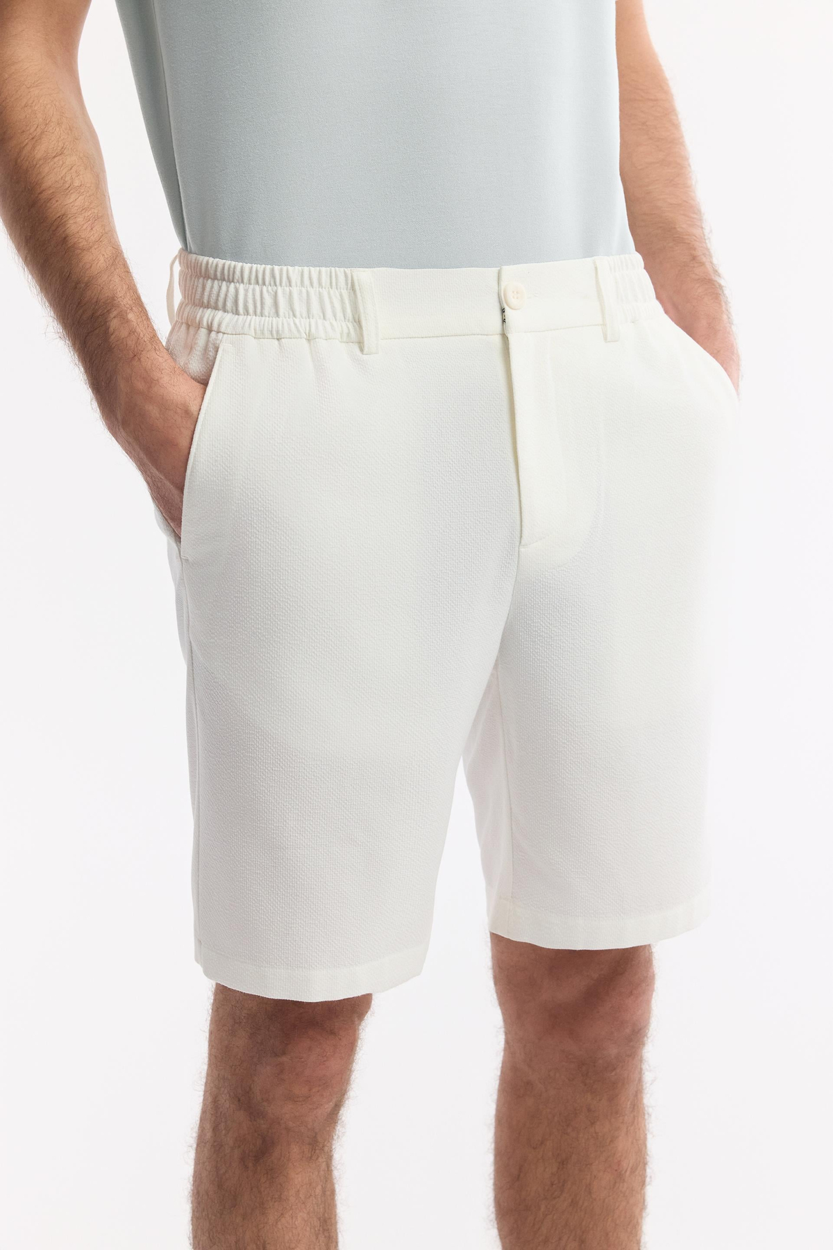 White Side Elastic Textured Bi-Stretch Chino Shorts