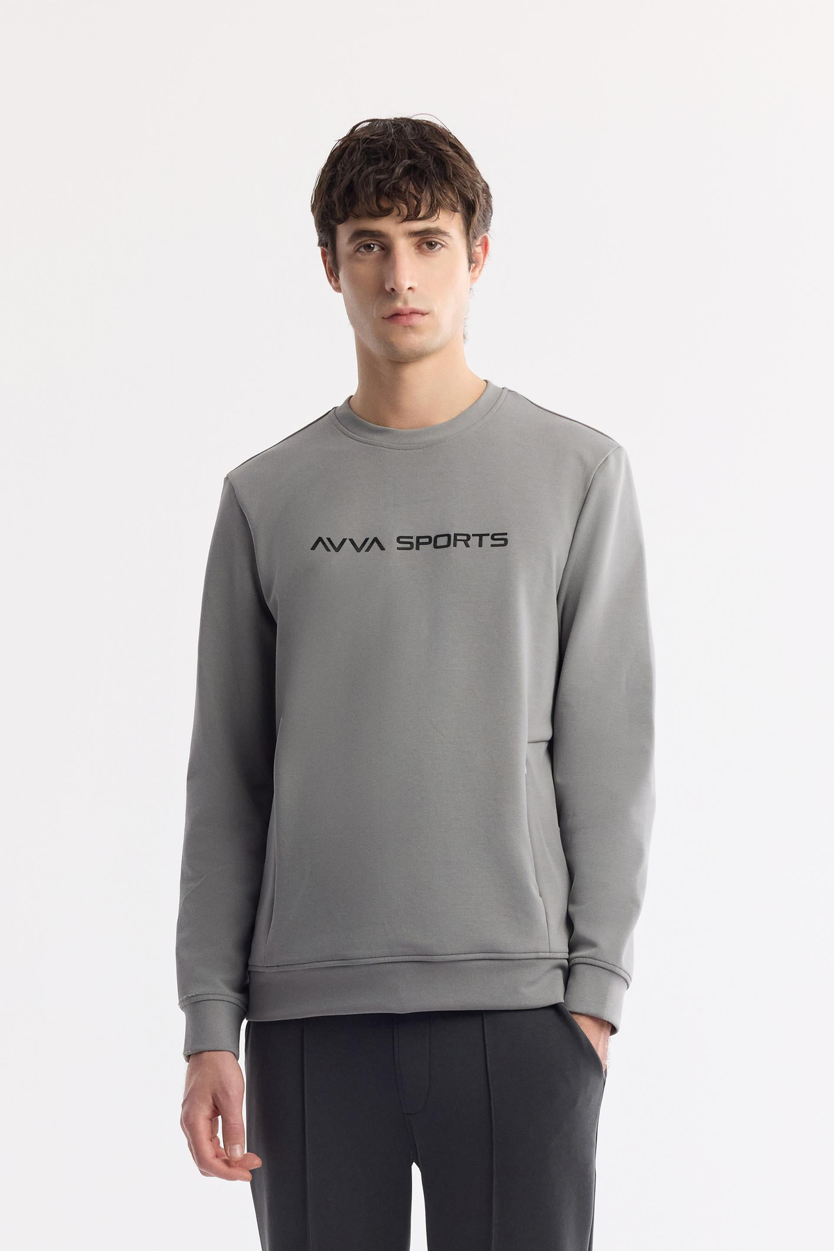 Gri Bisiklet Yaka Enjeksiyon Baskılı Gizli Fermuarlı İnterlok Sweatshirt