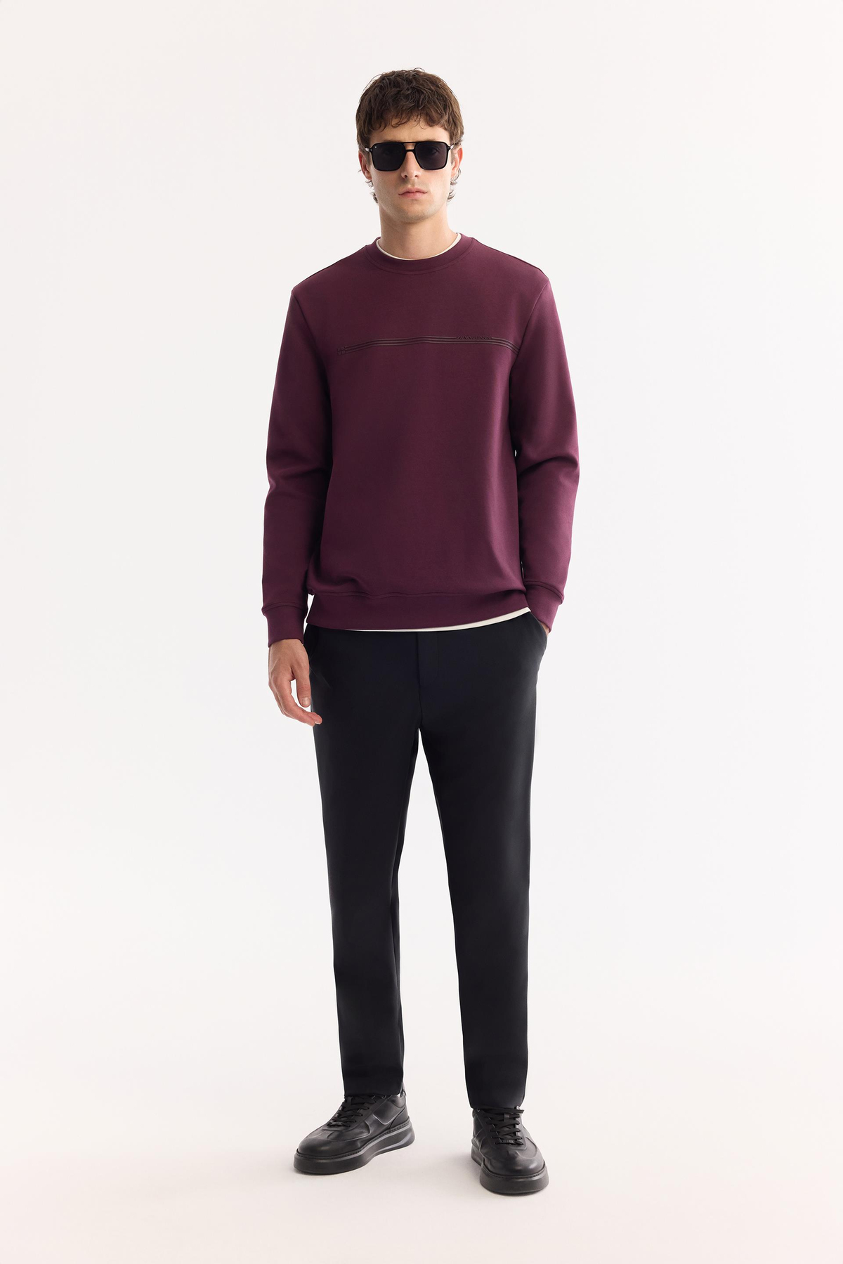 Bordo Bisiklet Yaka Enjeksiyon Baskılı İnterlok Sweatshirt