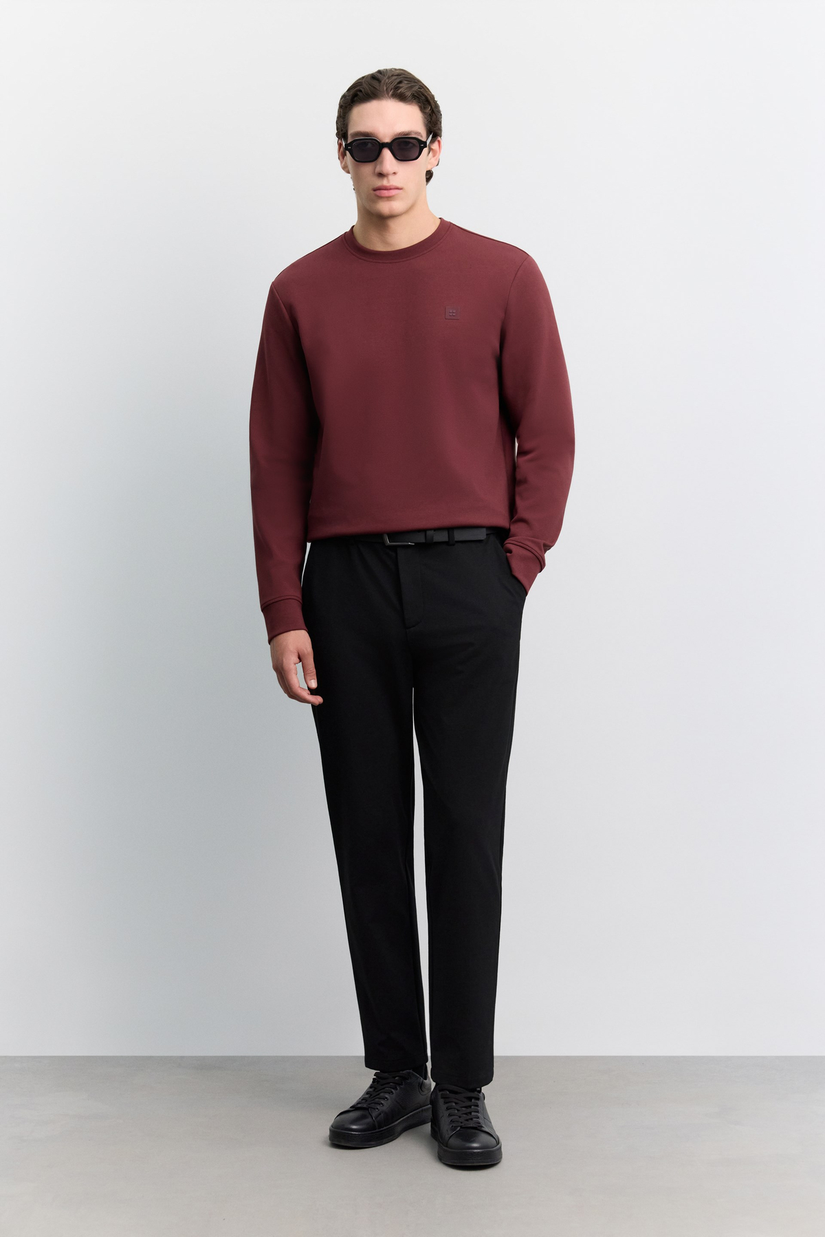 Bordo Bisiklet Yaka Göğüs Rubber  Logolu İnterlok Sweatshirt