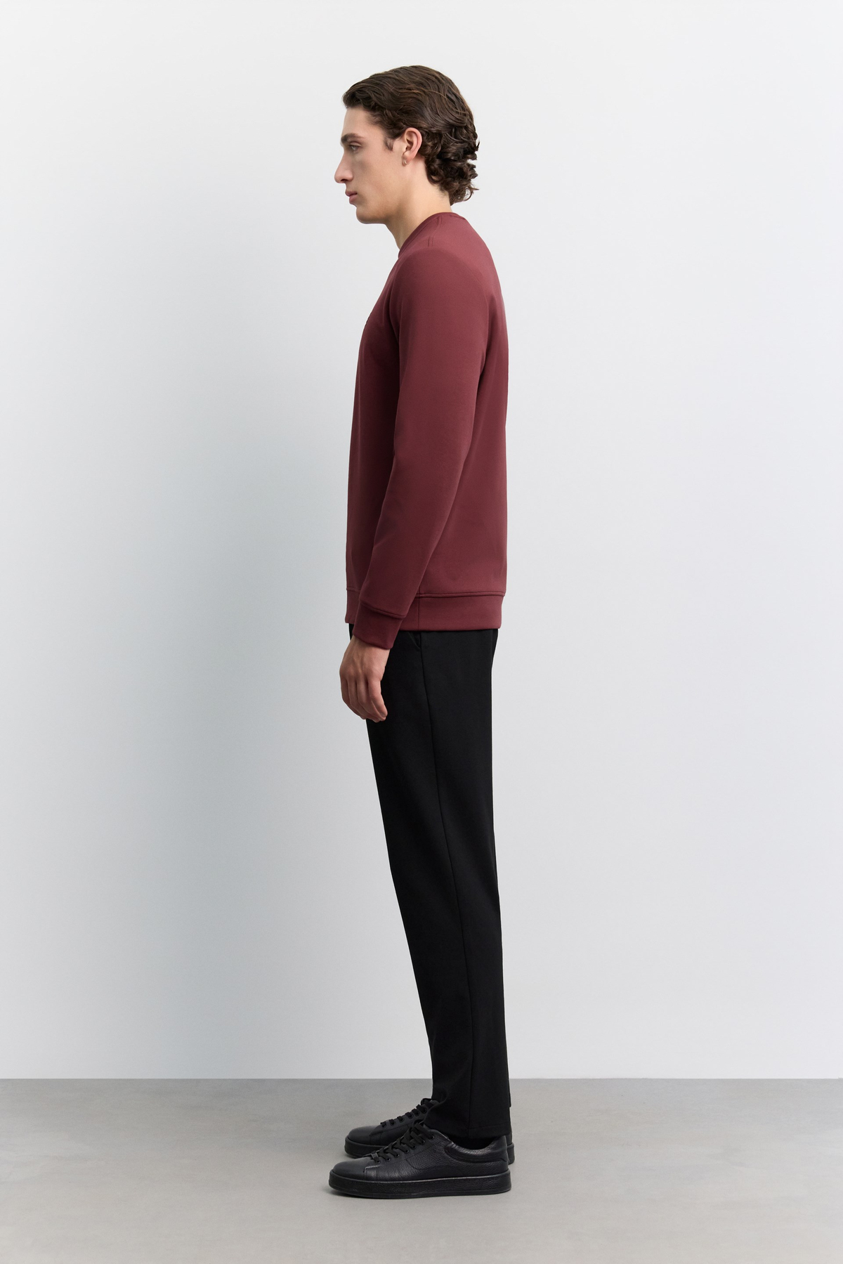 Bordo Bisiklet Yaka Göğüs Rubber  Logolu İnterlok Sweatshirt