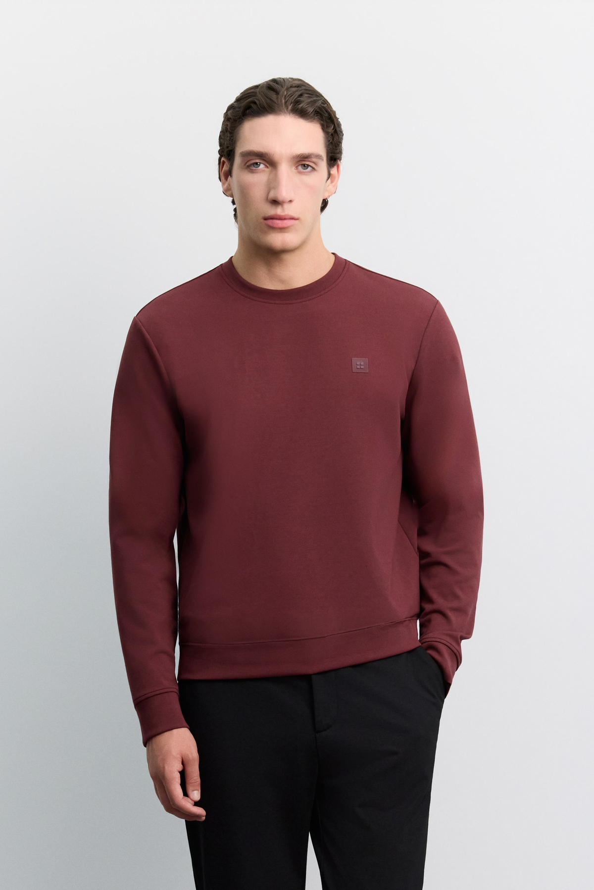 Bordo Bisiklet Yaka Göğüs Rubber  Logolu İnterlok Sweatshirt