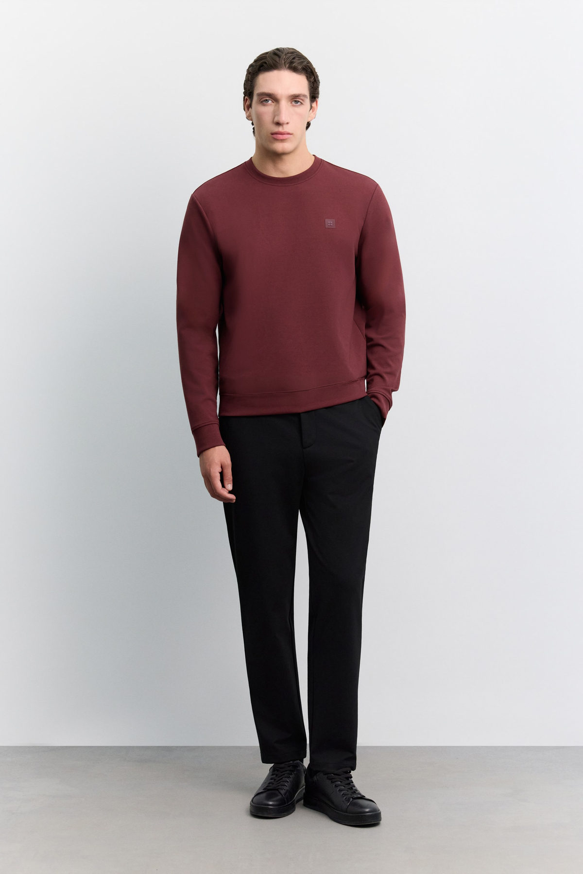 Bordo Bisiklet Yaka Göğüs Rubber  Logolu İnterlok Sweatshirt