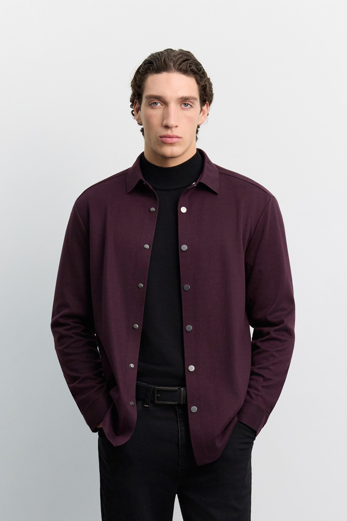 Bordo Klasik Yaka Çıtçıt Kapama Detaylı Örme Comfort Fit Gömlek