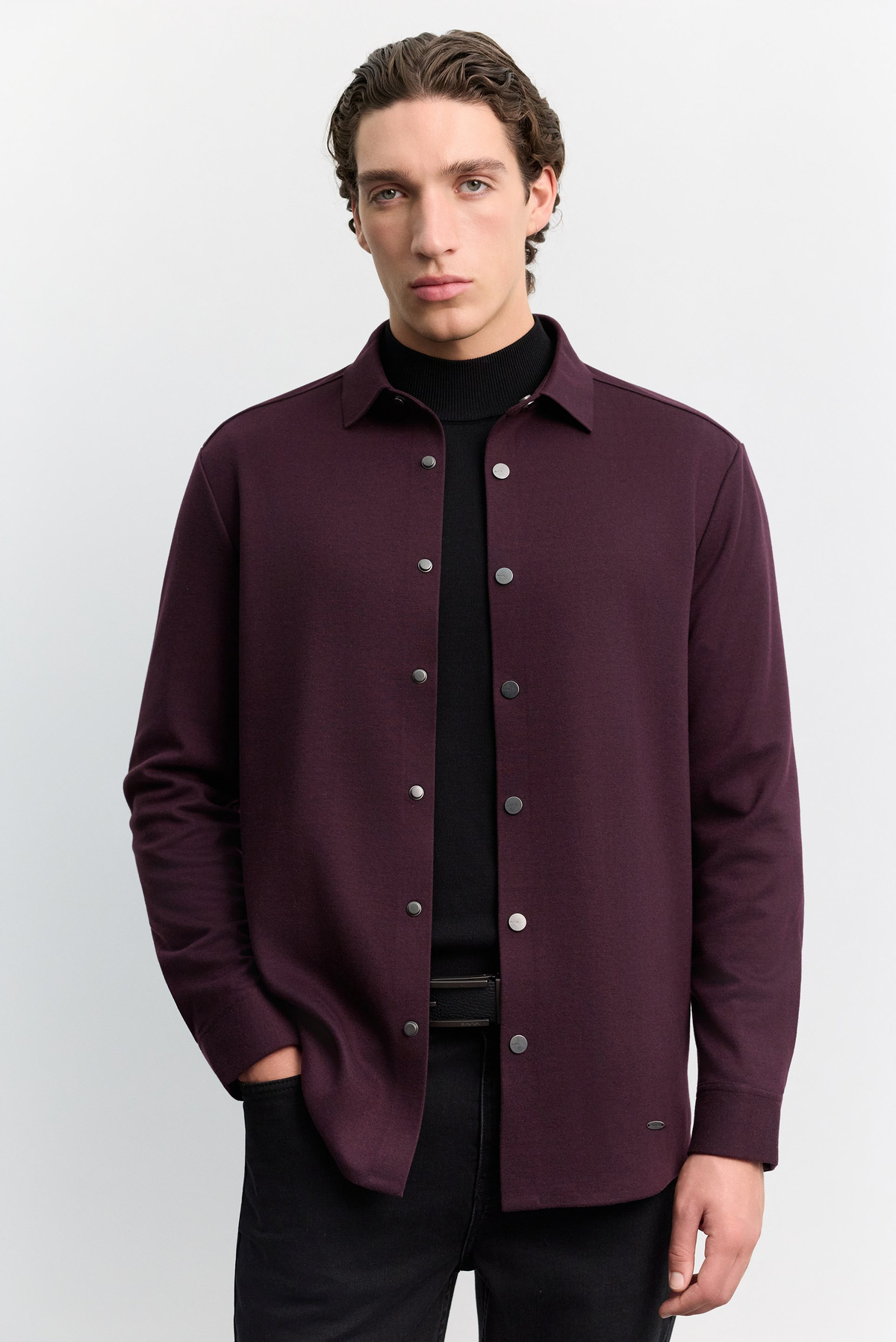 Bordo Klasik Yaka Çıtçıt Kapama Detaylı Örme Comfort Fit Gömlek
