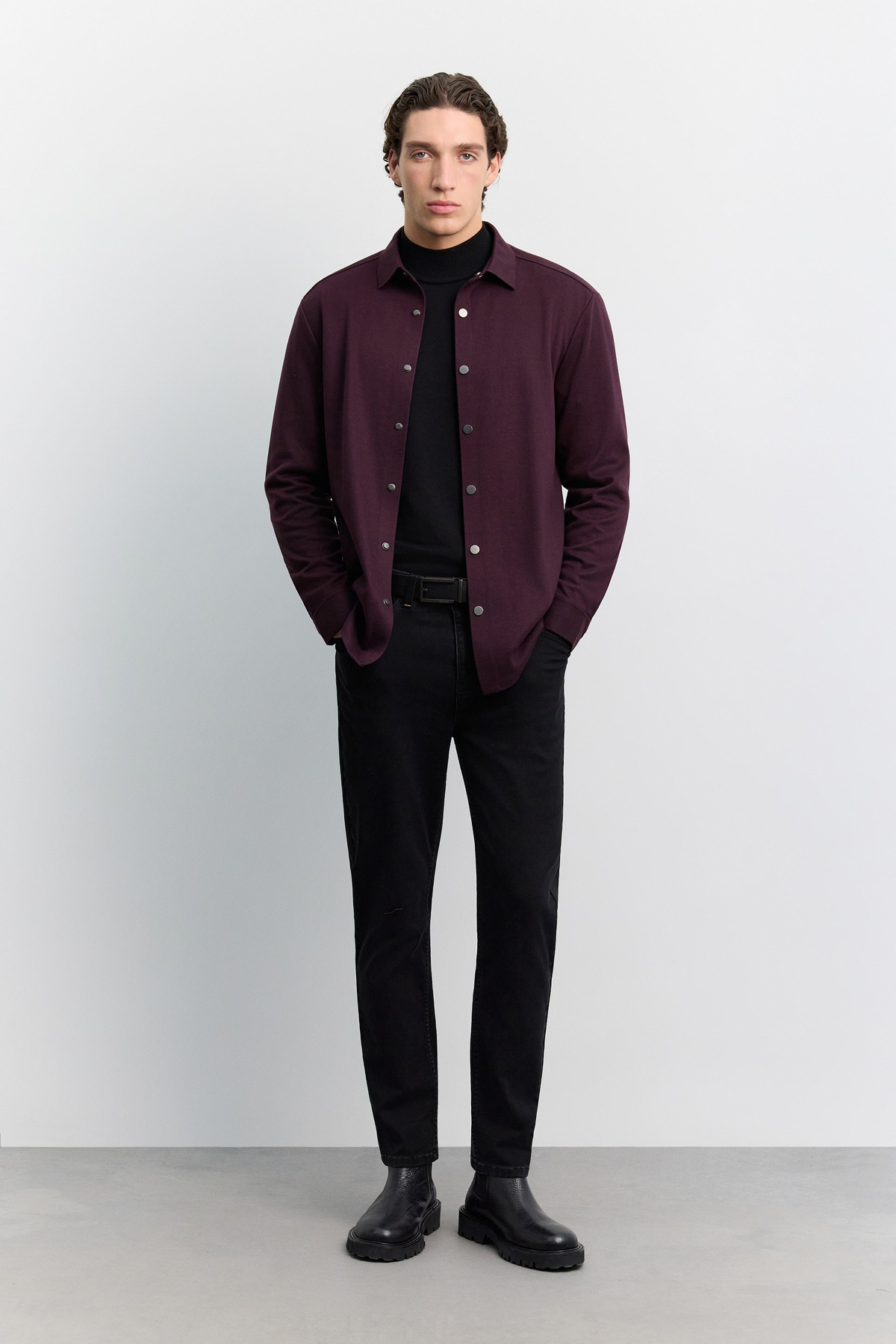 Bordo Klasik Yaka Çıtçıt Kapama Detaylı Örme Comfort Fit Gömlek
