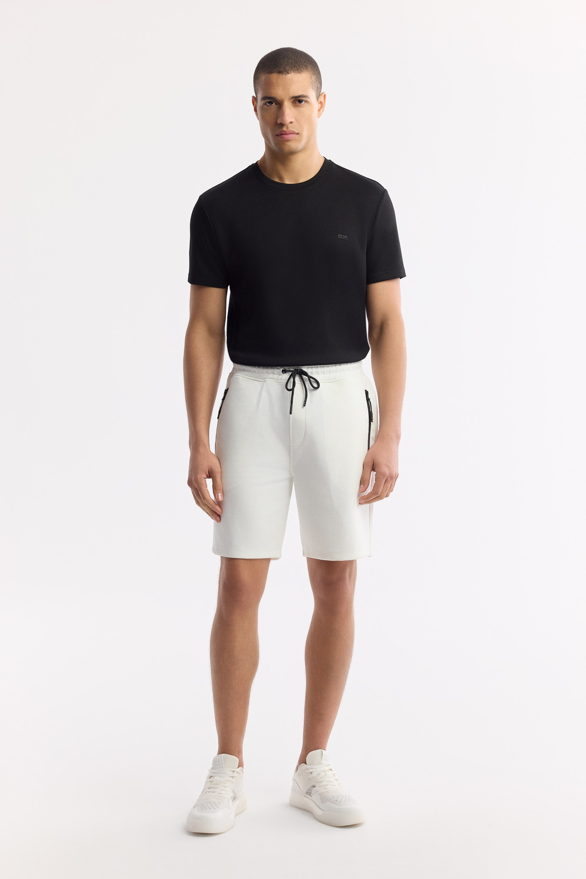 Ekru Beli Lastikli Bağcıklı Bi-Stretch İnterlok Şort