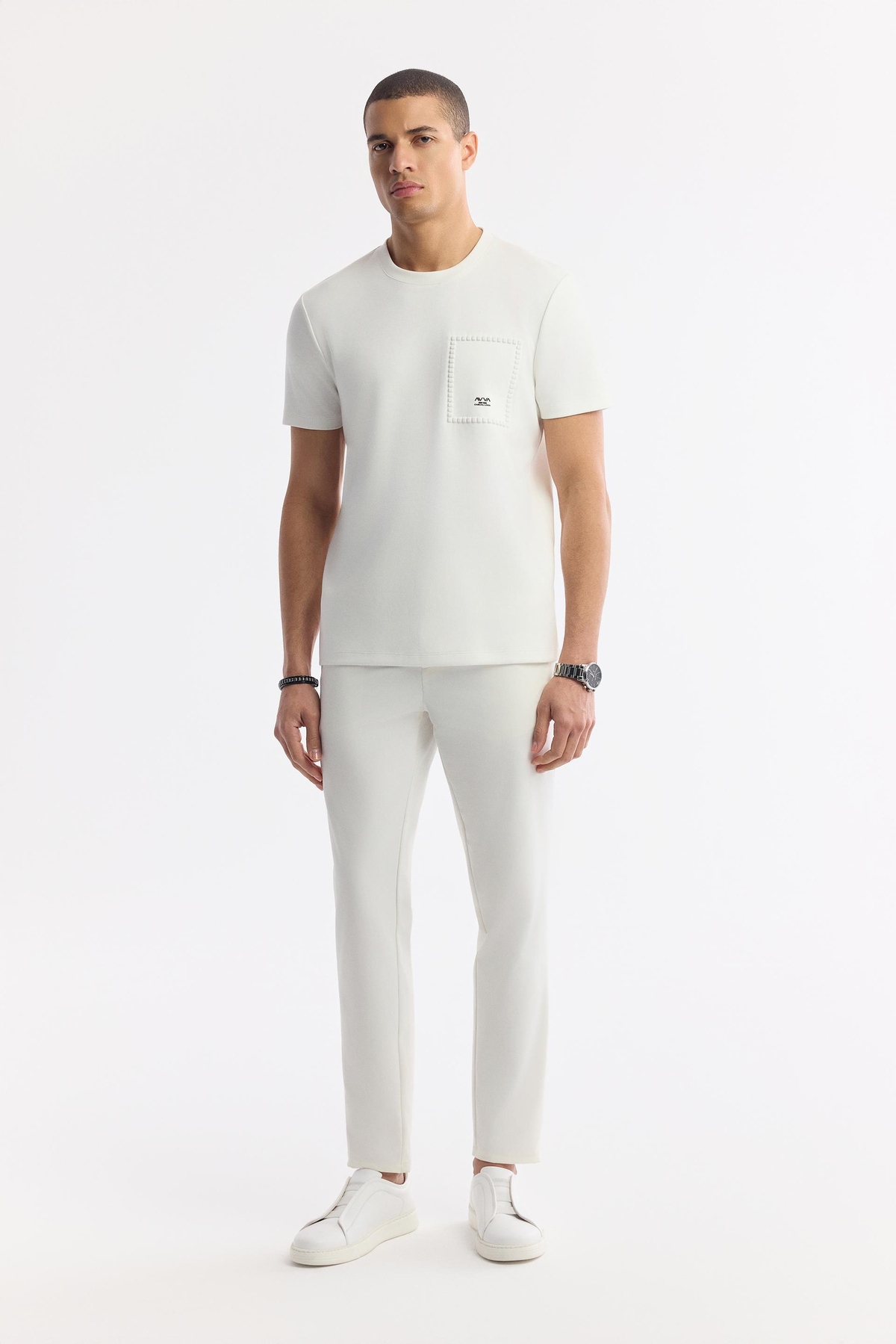 Ekru Bisiklet Yaka Baskılı Bi Stretch İnterlok T-Shirt