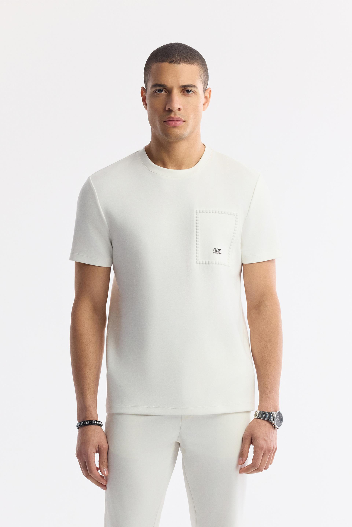 Ekru Bisiklet Yaka Baskılı Bi Stretch İnterlok T-Shirt