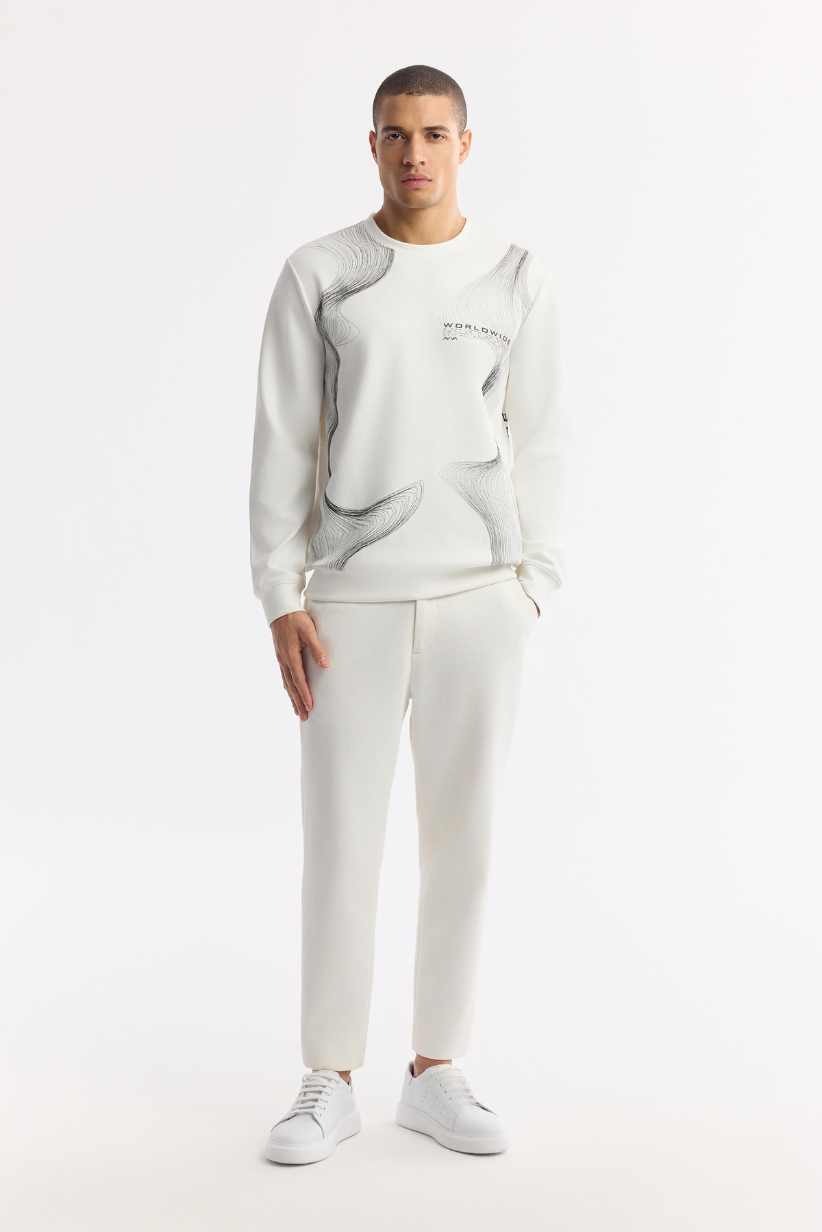 Ekru Bisiklet Yaka Baskılı İnterlok Sweatshirt