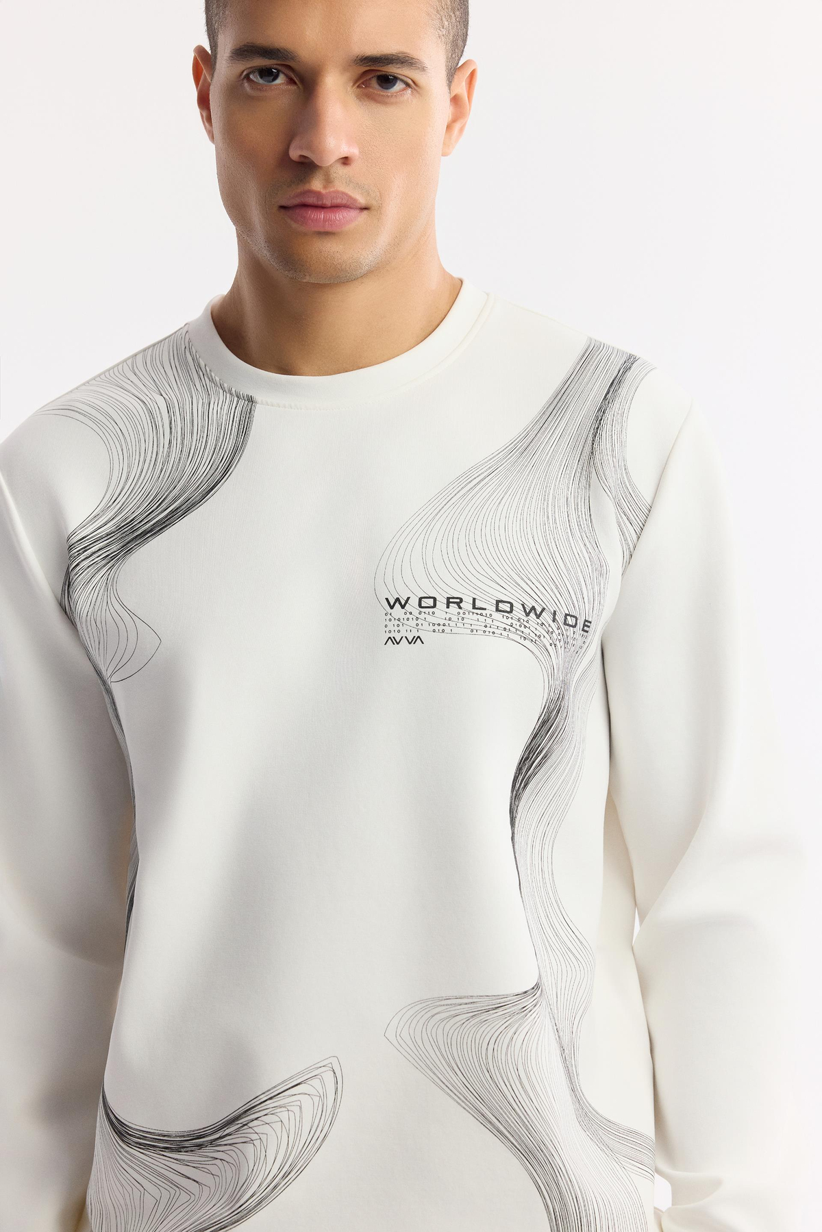 Ekru Bisiklet Yaka Baskılı İnterlok Sweatshirt