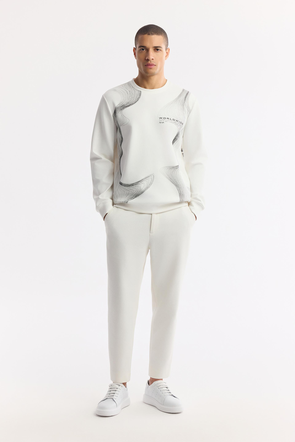 Ekru Bisiklet Yaka Baskılı İnterlok Sweatshirt