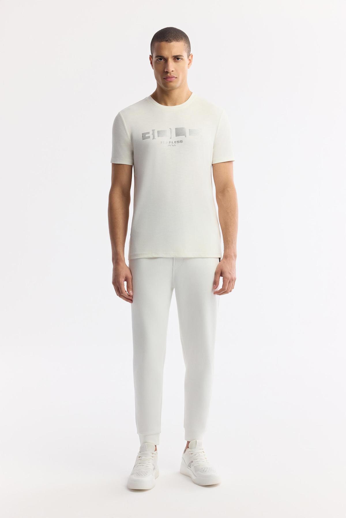 Ekru Bisiklet Yaka Baskılı Shoft Touch Flamlı T-Shirt