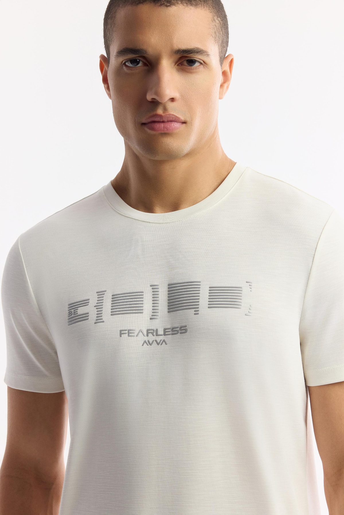 Ekru Bisiklet Yaka Baskılı Shoft Touch Flamlı T-Shirt