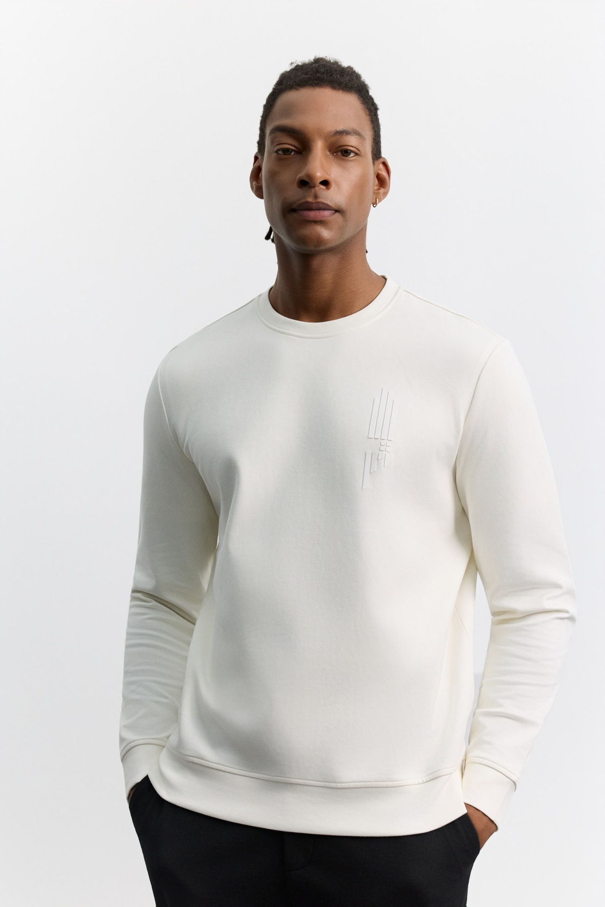 Ekru Bisiklet Yaka Boyuna Çizgi Silikon Baskılı İnterlok Sweatshirt