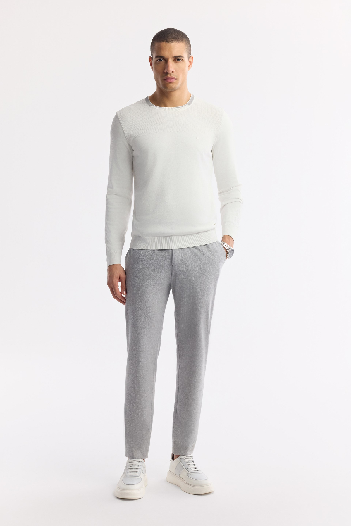 Ecru Textured Crew Neck Rayon Knit Sweater