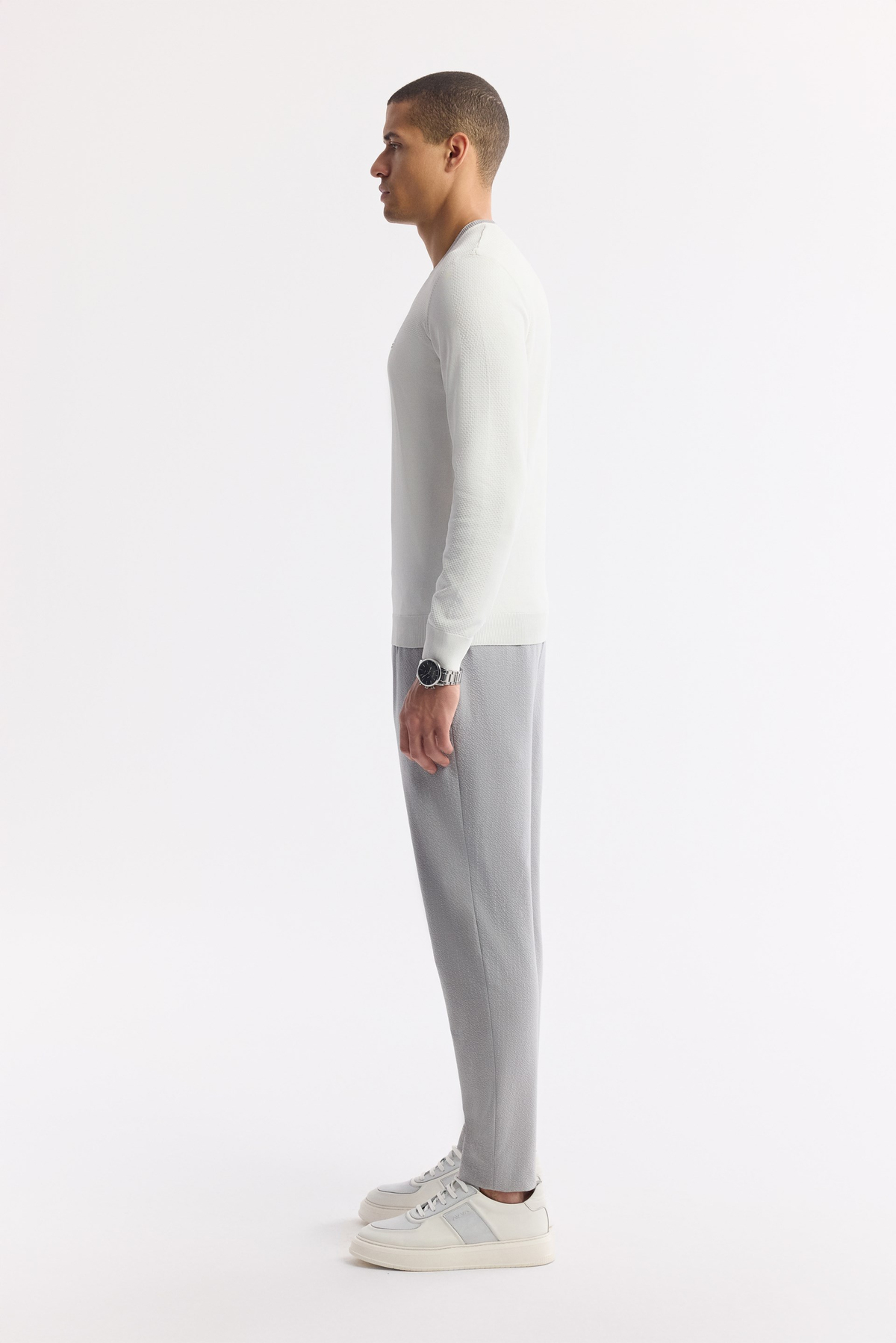 Ecru Textured Crew Neck Rayon Knit Sweater