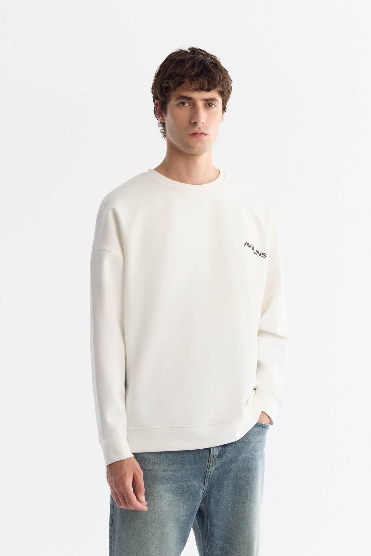 Ekru Bisiklet Yaka Elastan Sweatshirt