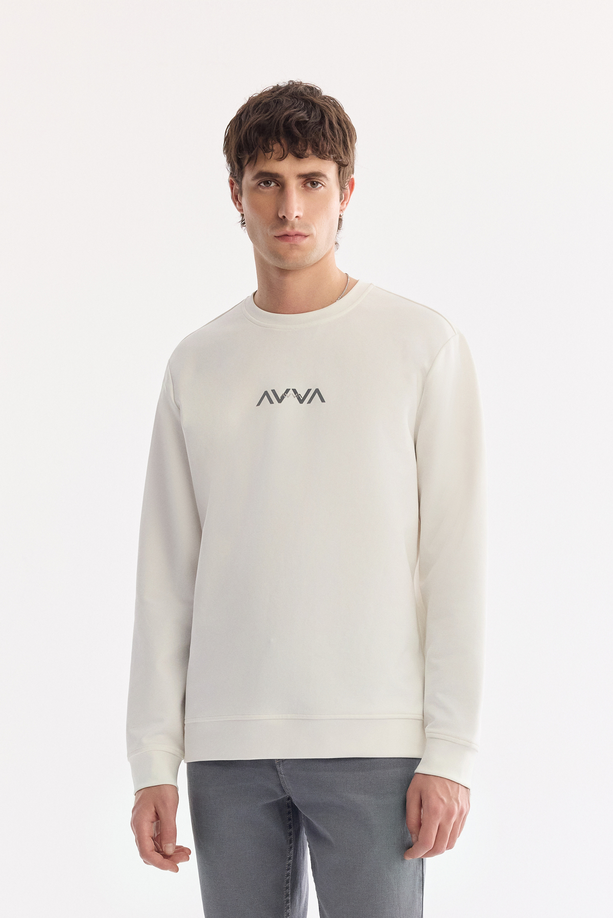 Ekru Bisiklet Yaka Enjeksiyon  Baskılı İnterlok Sweatshirt