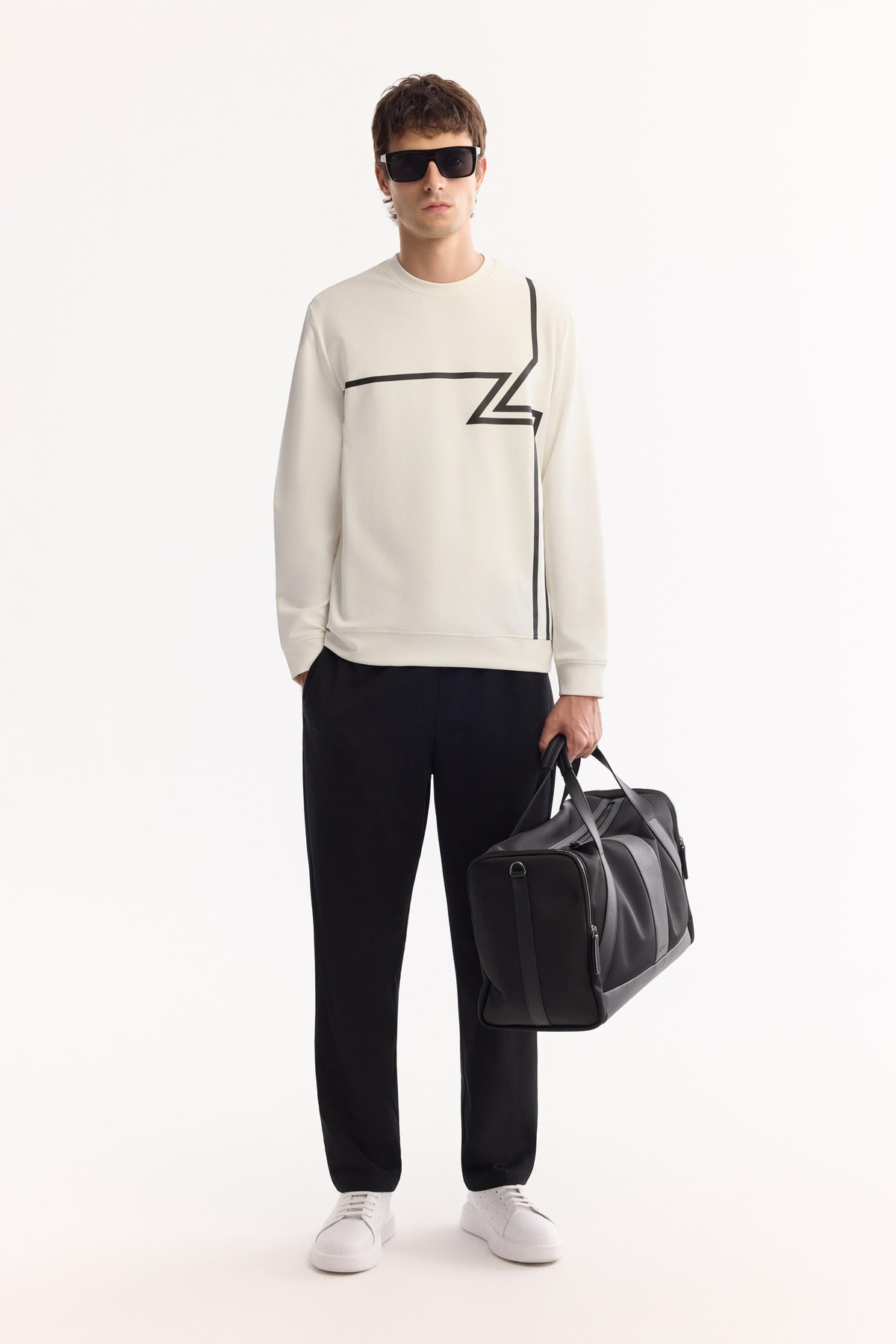 Ekru Bisiklet Yaka Enjeksiyon Baskılı İnterlok  Sweatshirt