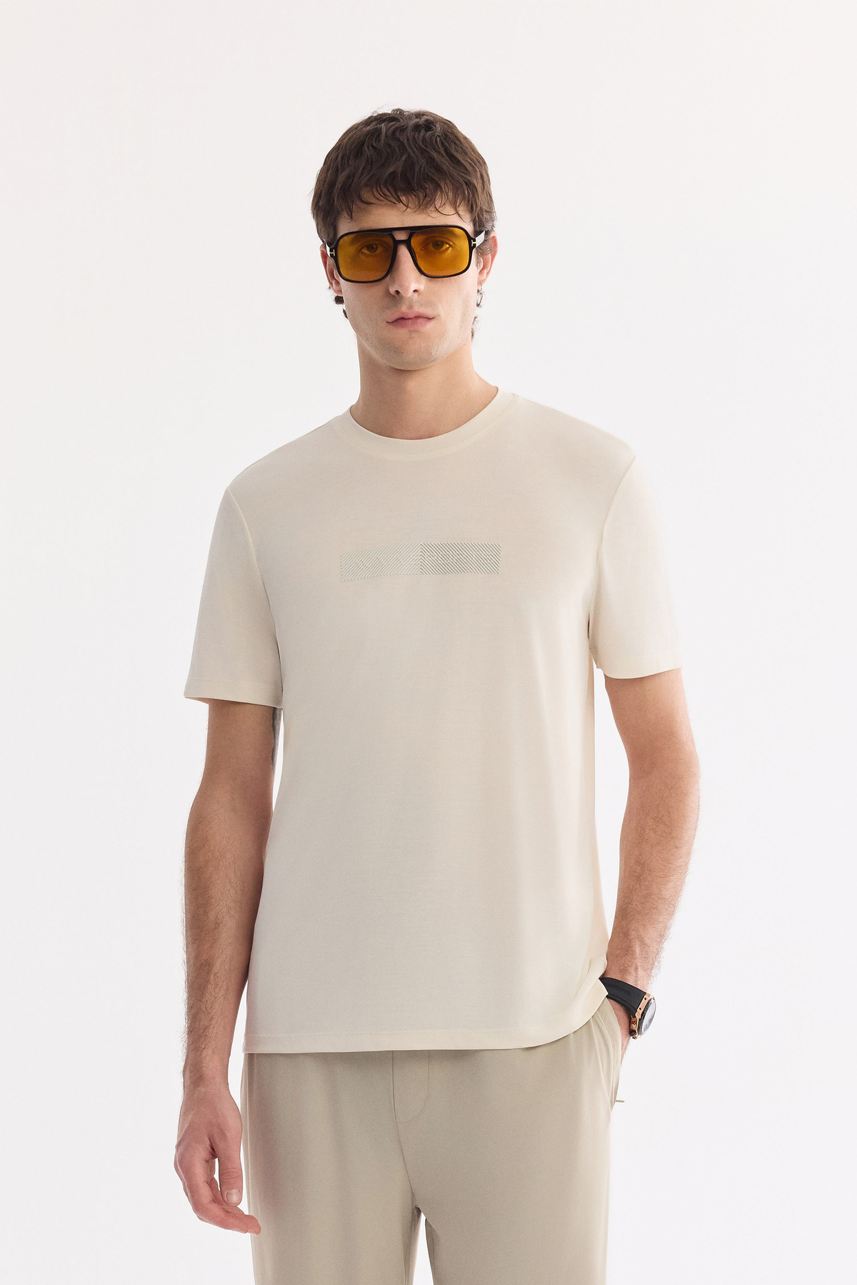 Ekru Bisiklet Yaka Enjeksiyon Baskılı Cupra Süprem T-Shirt