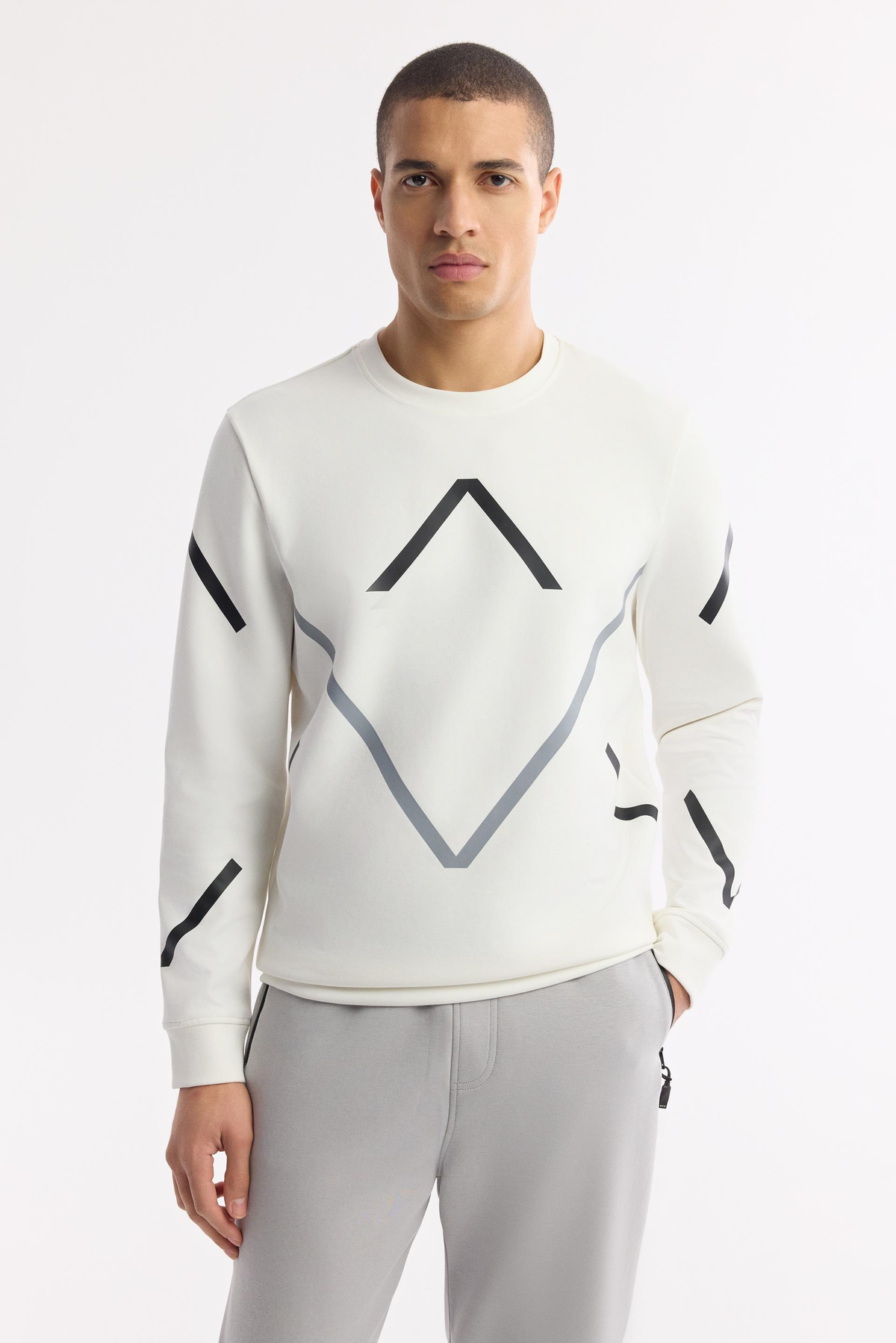 Ekru Bisiklet Yaka Flexi Baskılı İnterlok Sweatshirt
