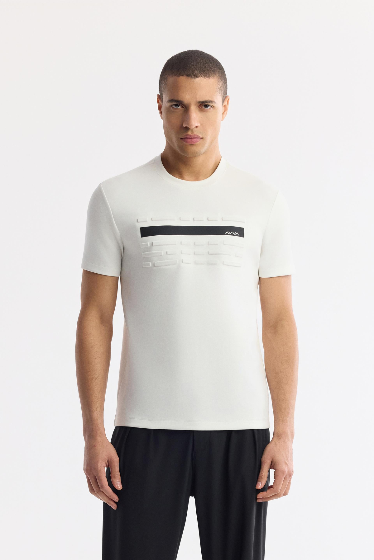 Ekru Bisiklet Yaka Flexi & Gofre Baskı Detaylı İnterlok T-Shirt