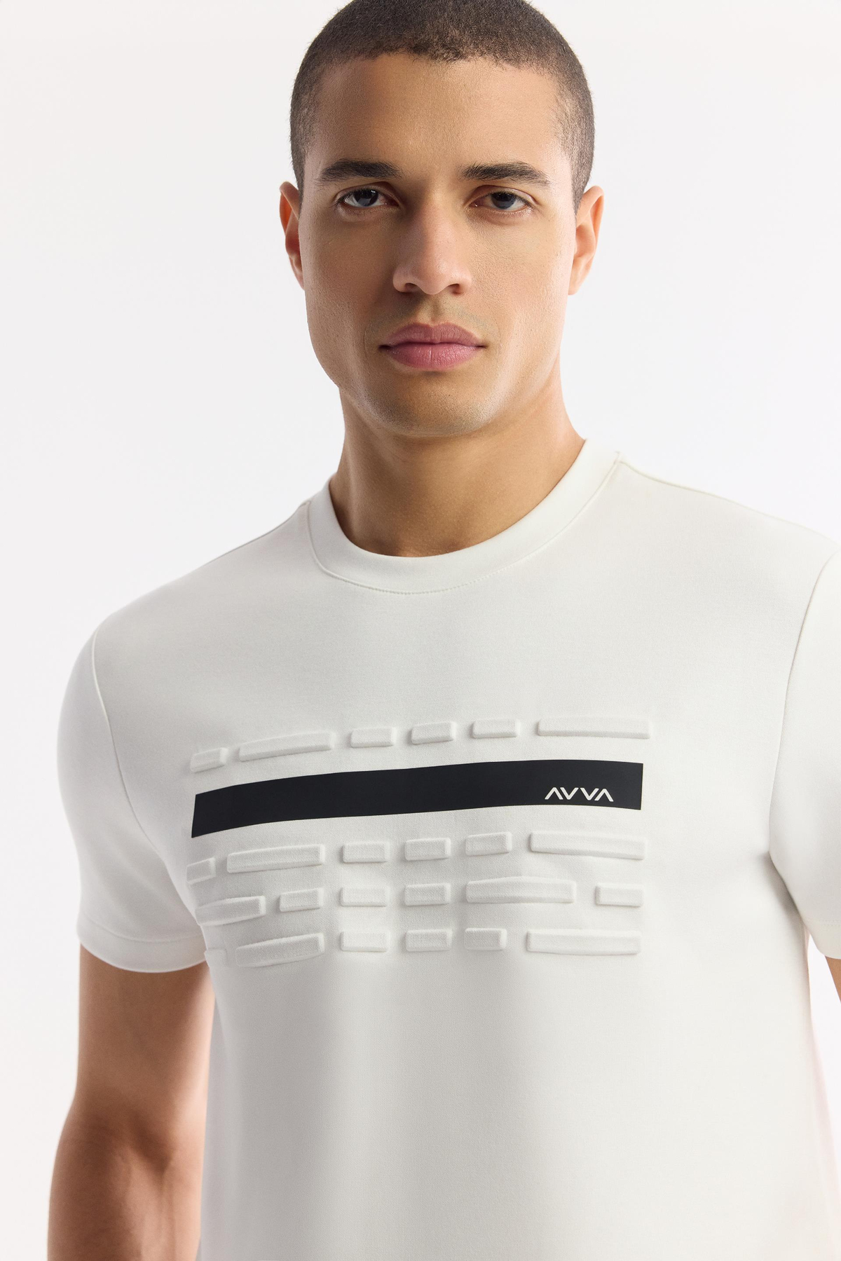 Ekru Bisiklet Yaka Flexi & Gofre Baskı Detaylı İnterlok T-Shirt