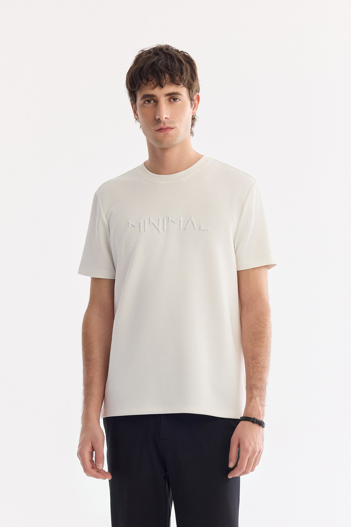 Ekru Bisiklet Yaka Frekans  Baskılı İnterlok T-Shirt