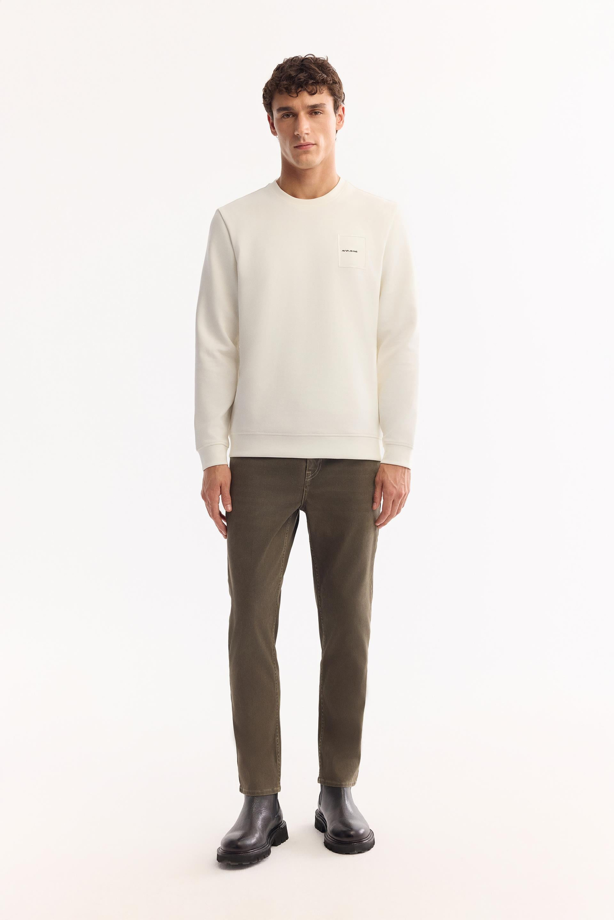Ekru Bisiklet Yaka Göğsü Flok Baskı  İnterlok Sweatshirt