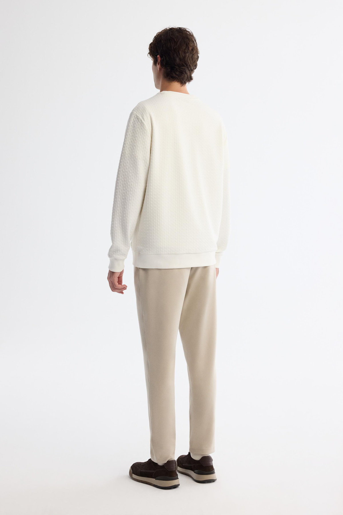 Ekru Bisiklet Yaka Jakarlı Sweatshirt