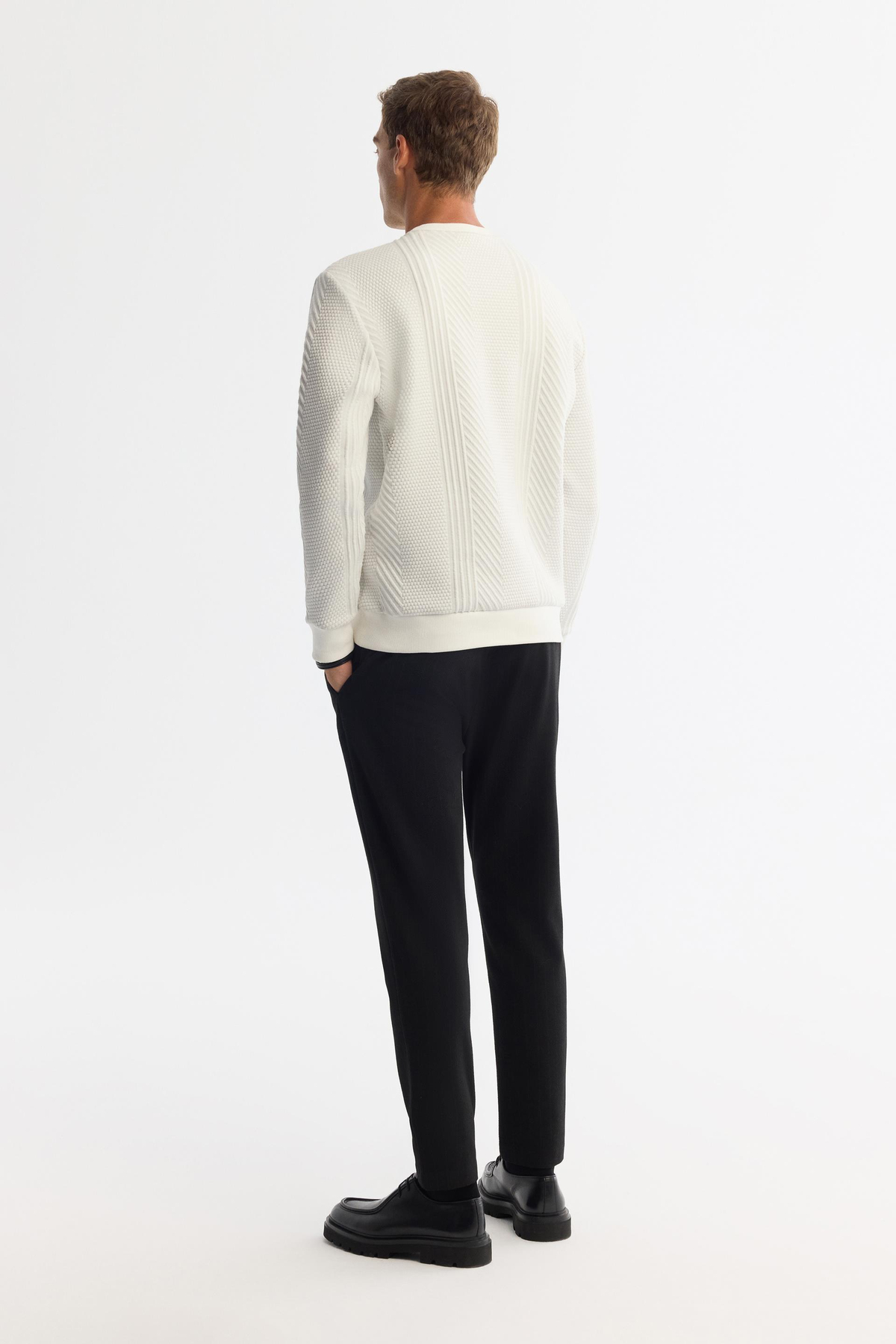 Ekru Bisiklet Yaka Jakarlı Sweatshirt