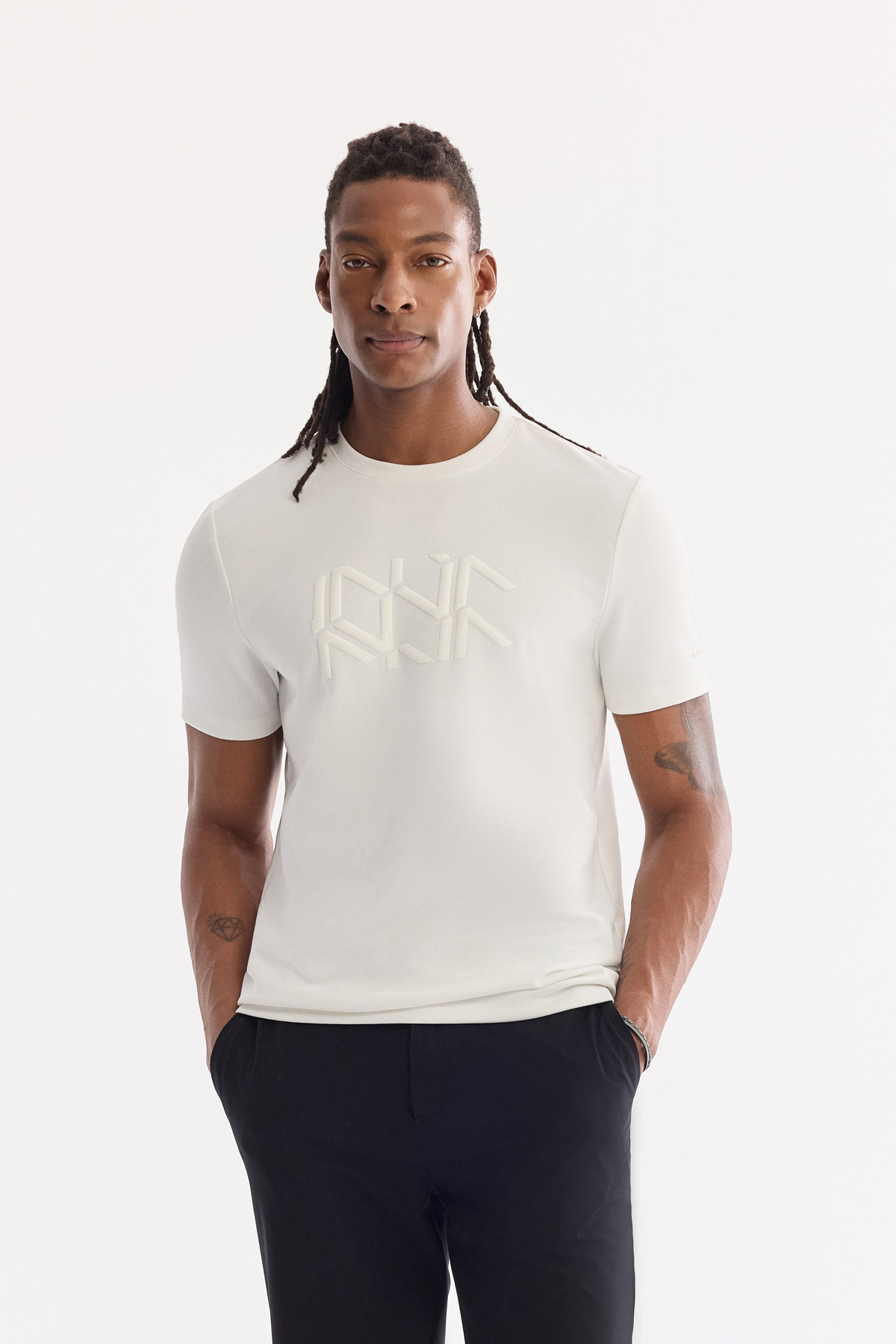 Ekru Bisiklet Yaka Kabarık  Baskılı İnterlok T-Shirt