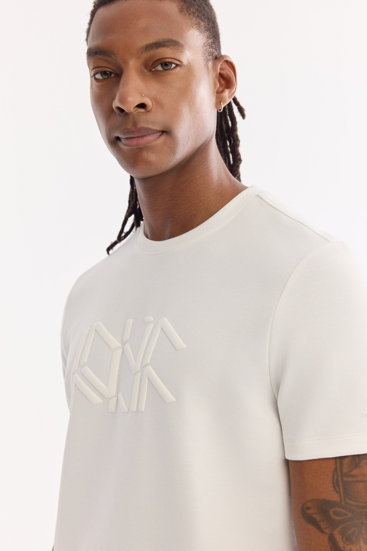 Ekru Bisiklet Yaka Kabarık  Baskılı İnterlok T-Shirt