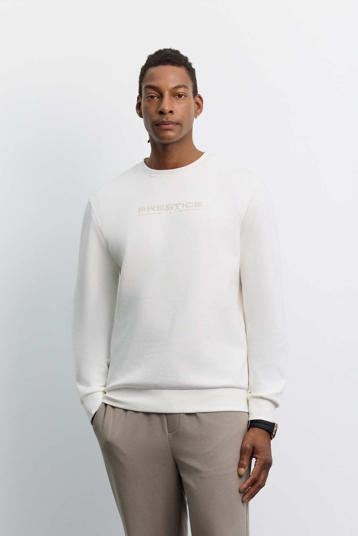 Ekru Bisiklet Yaka Kolay Ütülenen Baskılı İnterlok Sweatshirt