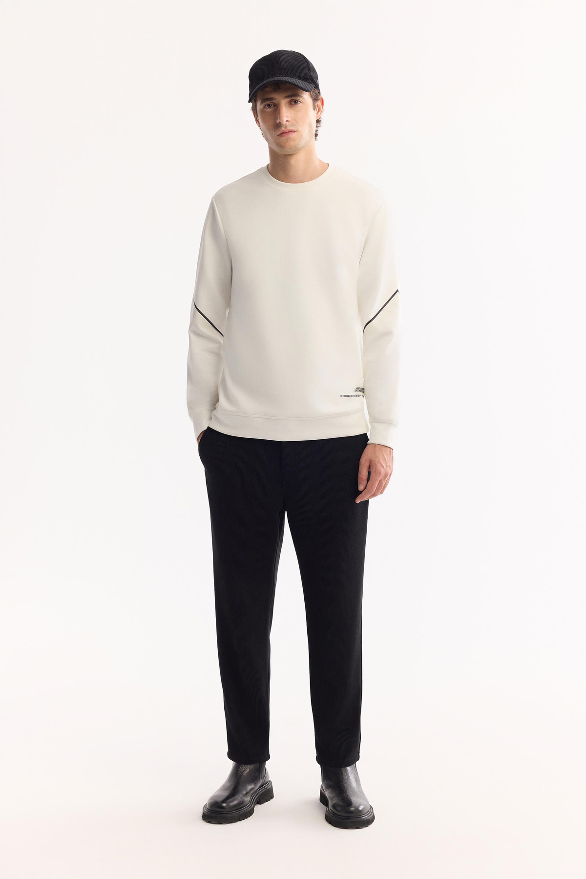 Ekru Bisiklet Yaka Kolu Fileksi  Baskılı İnterlok Sweatshirt