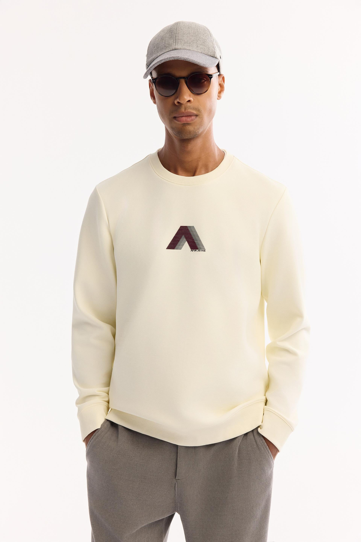 Ekru Bisiklet Yaka Ottoman  İnterlok Flok Baskı  Sweatshirt