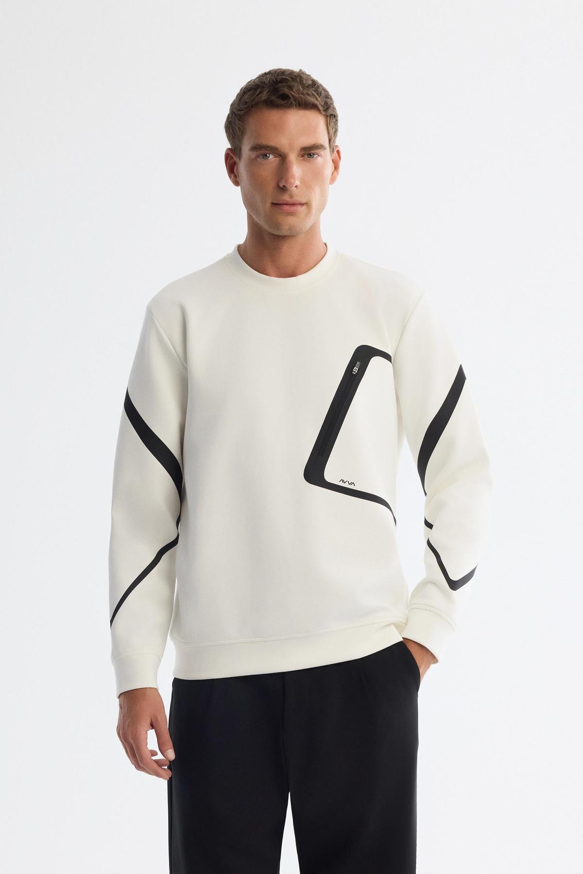 Ekru Bisiklet Yaka Pamuklu Baskılı Fermuarlı Sweatshirt