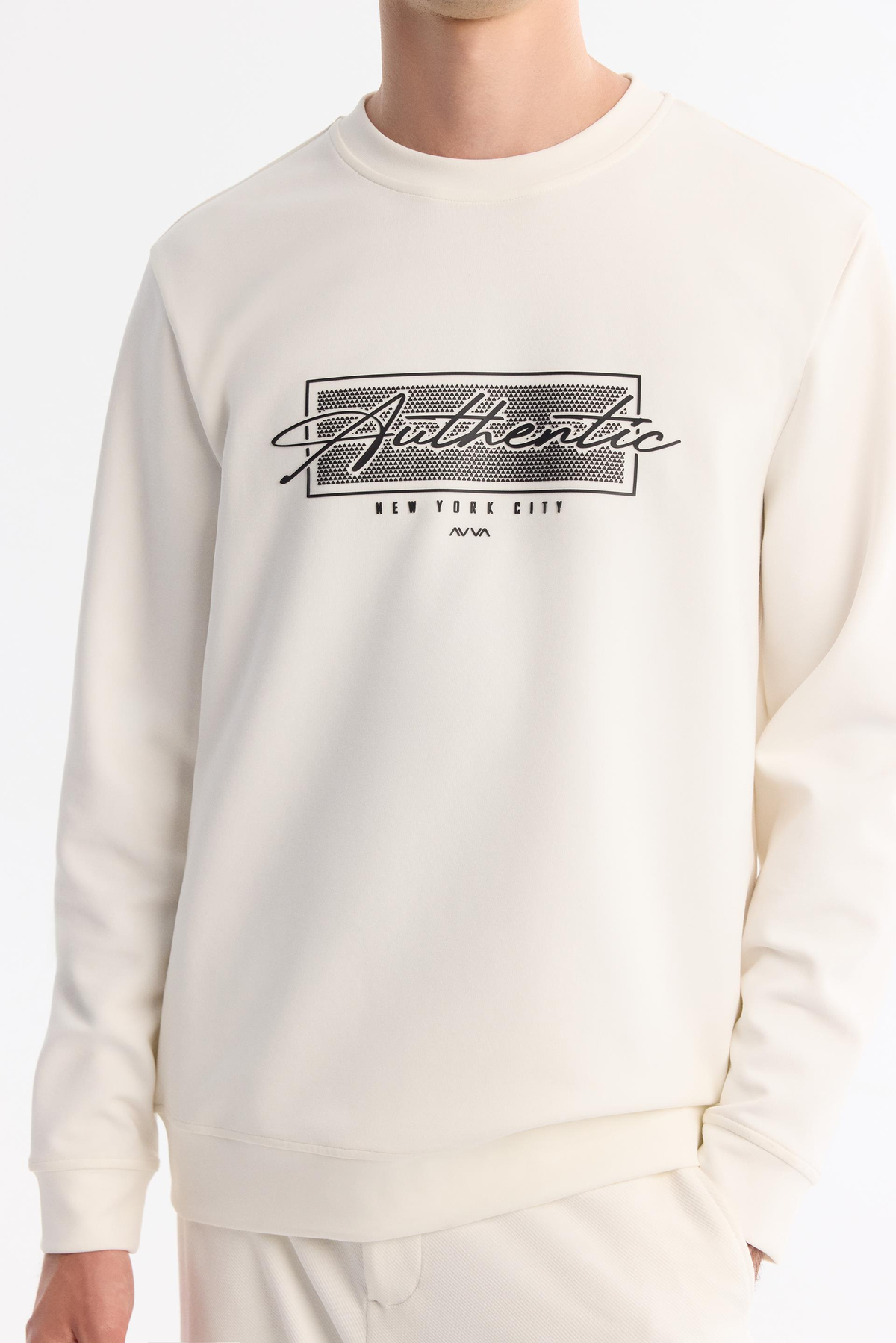 Ekru Bisiklet Yaka Pamuklu Baskılı Sweatshirt
